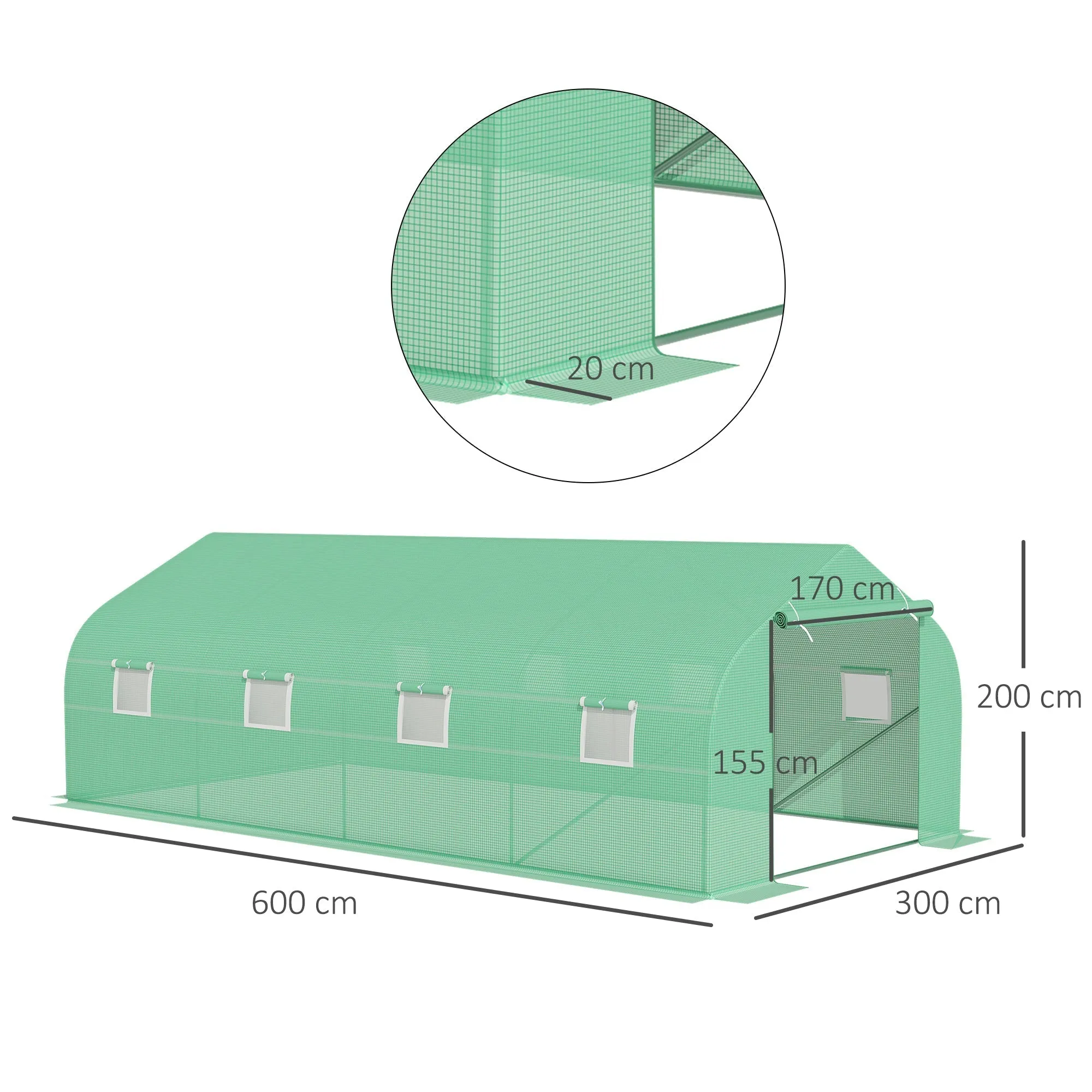 unnel Greenhouse with 8 Side Windows and Roller Entrance, in PE and Steel, 6x3x2 m, Green - Image 3