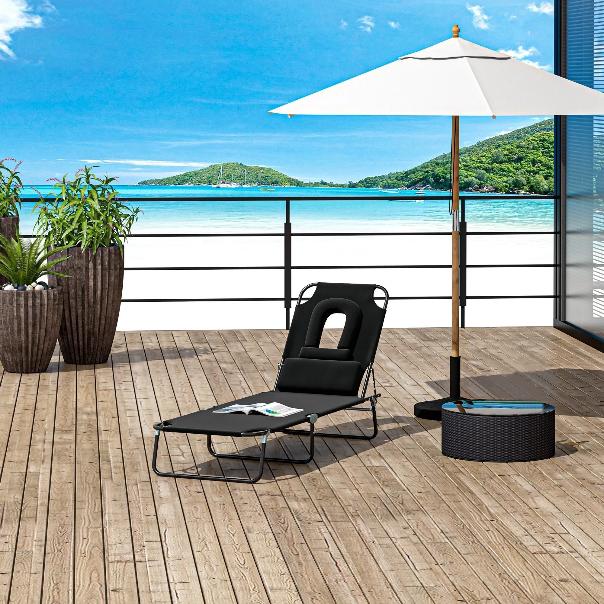 Folding Deck Chair with Face Hole and Pillows, Steel and Oxford Fabric - Image 2