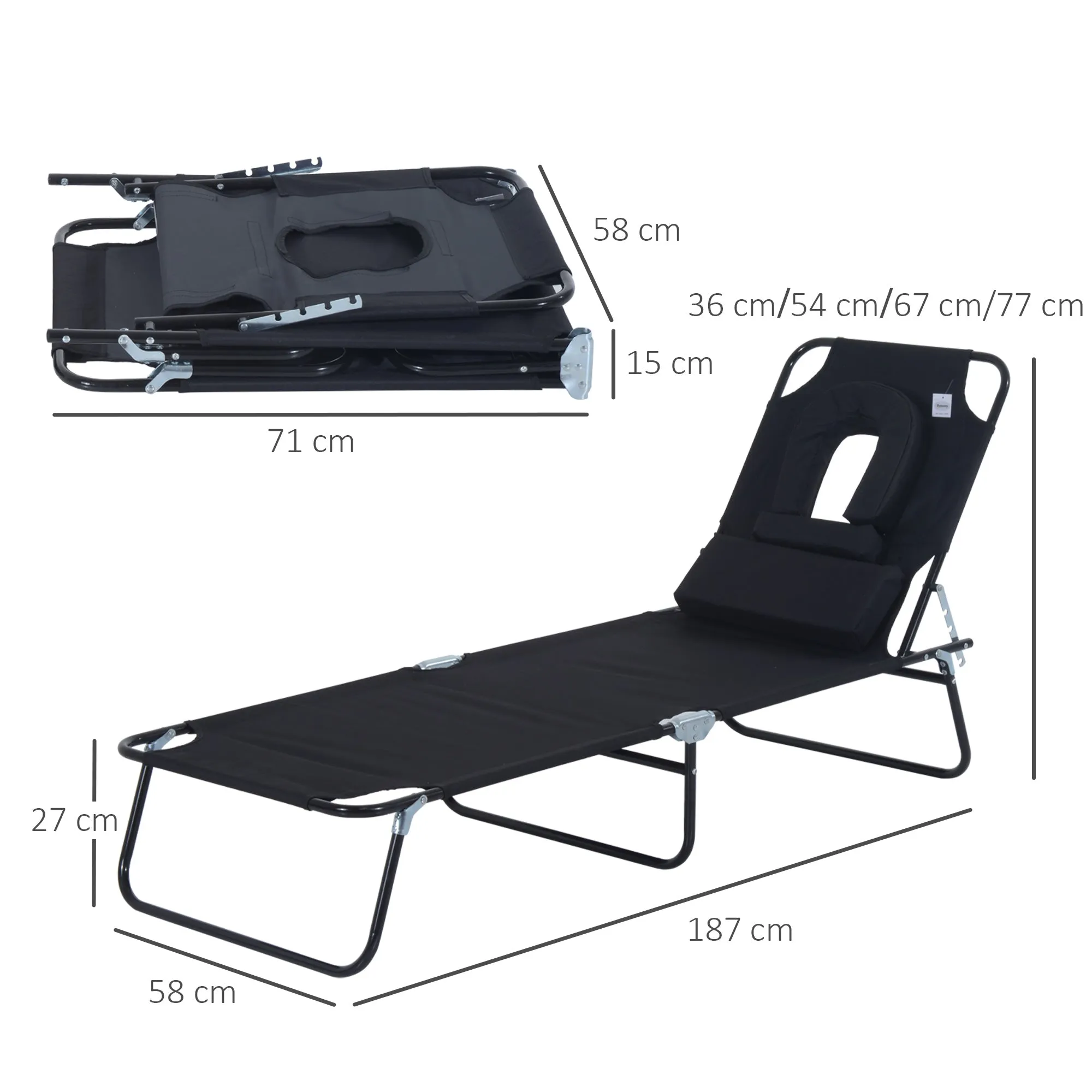 Folding Deck Chair with Face Hole and Pillows, Steel and Oxford Fabric - Image 3