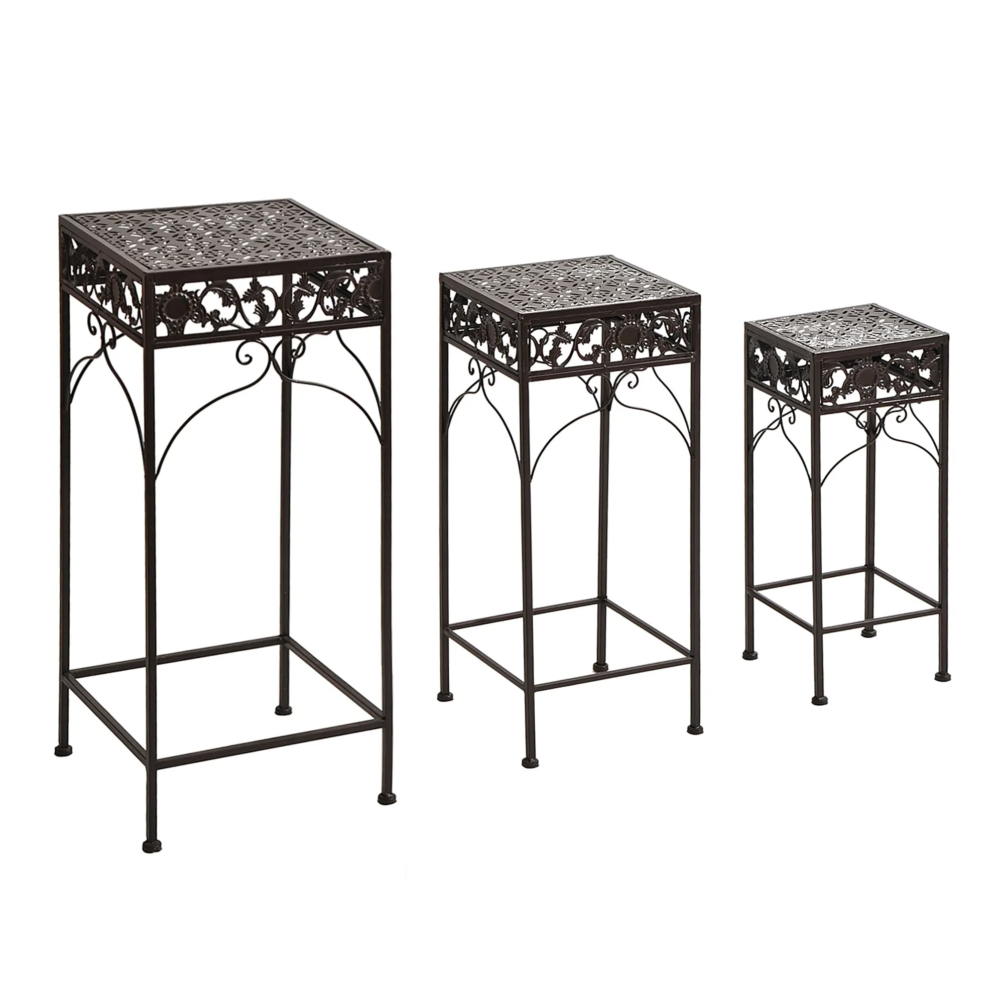 Set of 3 pieces stools support for classic iron plants, brown