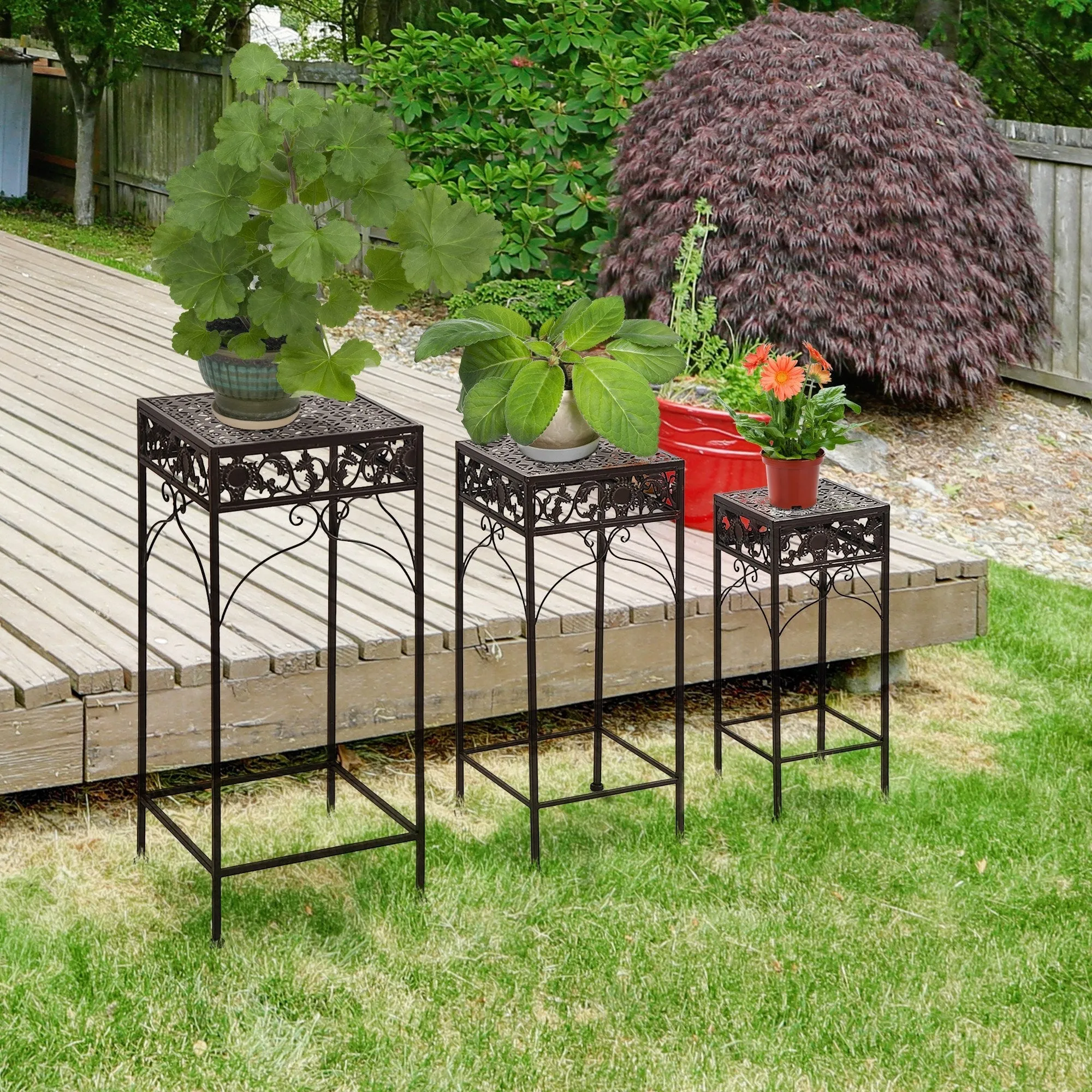 Set of 3 pieces stools support for classic iron plants, brown - Image 2