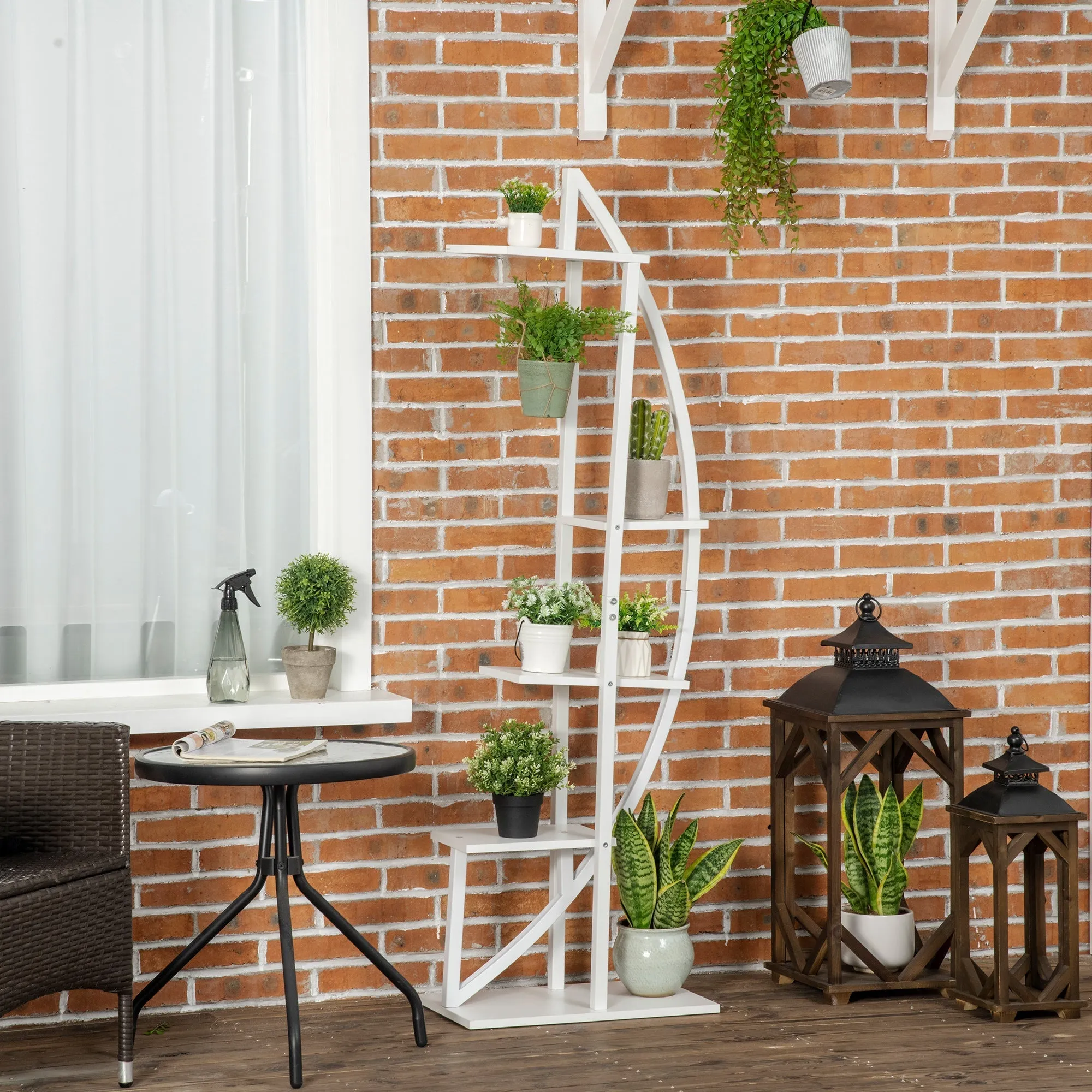 5-Tier Crescent-Shaped Indoor/Outdoor MDF and Steel Flower Stand, 50x30x160cm, White - Image 2