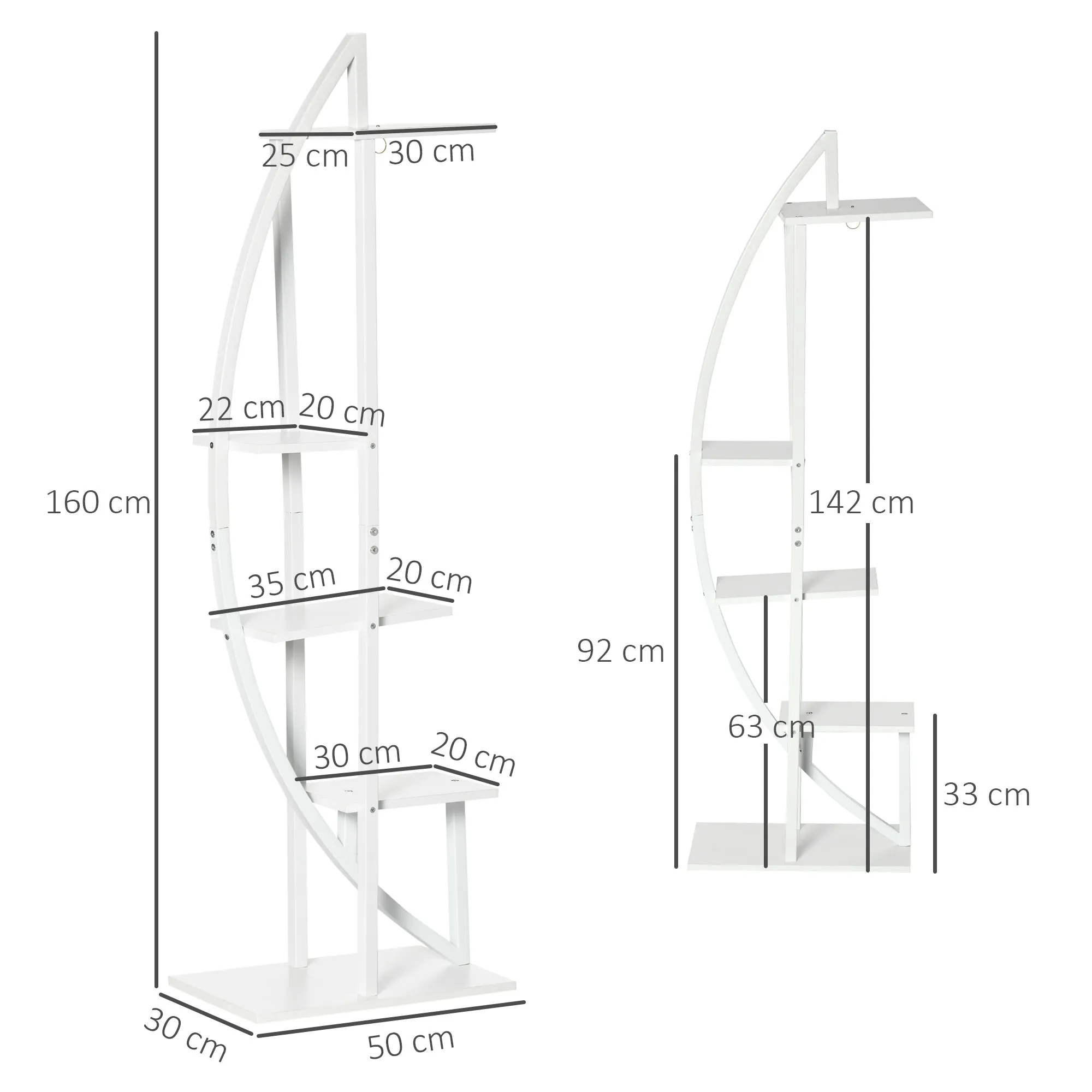 5-Tier Crescent-Shaped Indoor/Outdoor MDF and Steel Flower Stand, 50x30x160cm, White - Image 3