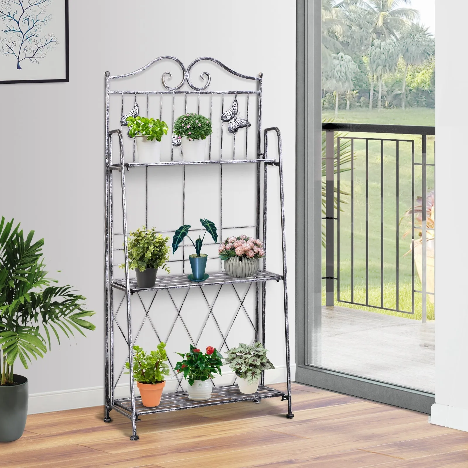 3 Tier Folding Garden Balcony Planter Shelf, Metal, Silver, 44x25x96 cm - Image 2