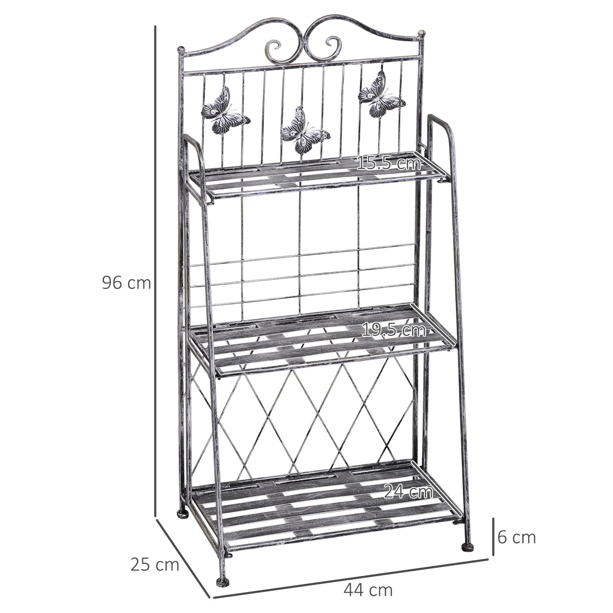 3 Tier Folding Garden Balcony Planter Shelf, Metal, Silver, 44x25x96 cm - Image 3