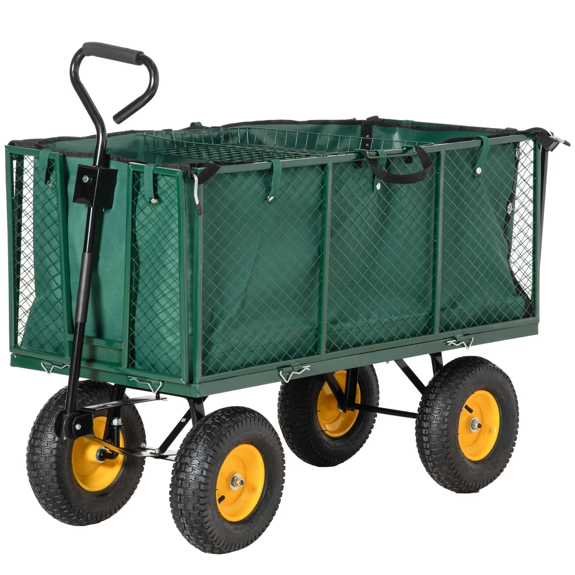 Steel Garden Cart with Folding Side Walls and 4 Wheels, Capacity 342L, Green