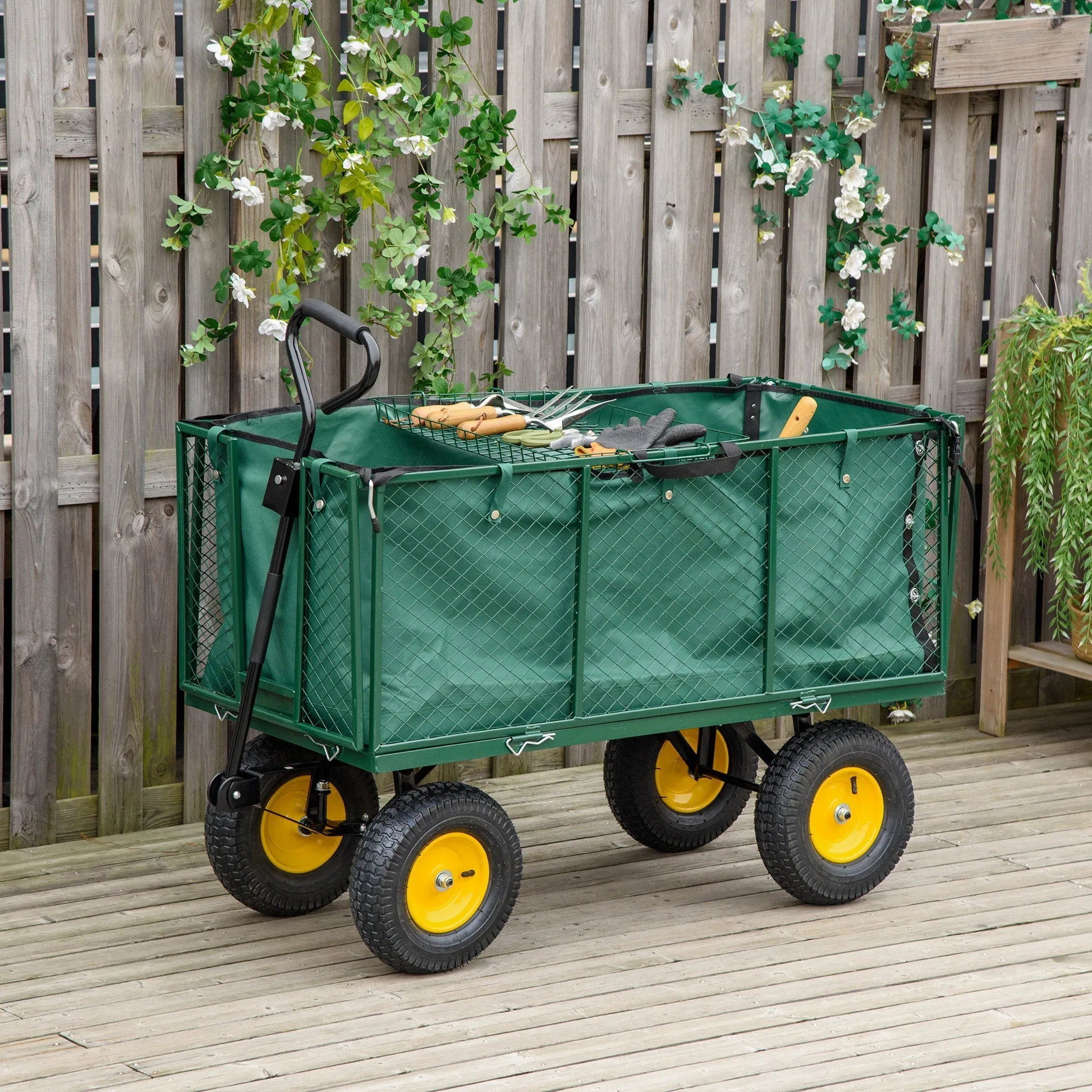 Steel Garden Cart with Folding Side Walls and 4 Wheels, Capacity 342L, Green - Image 2