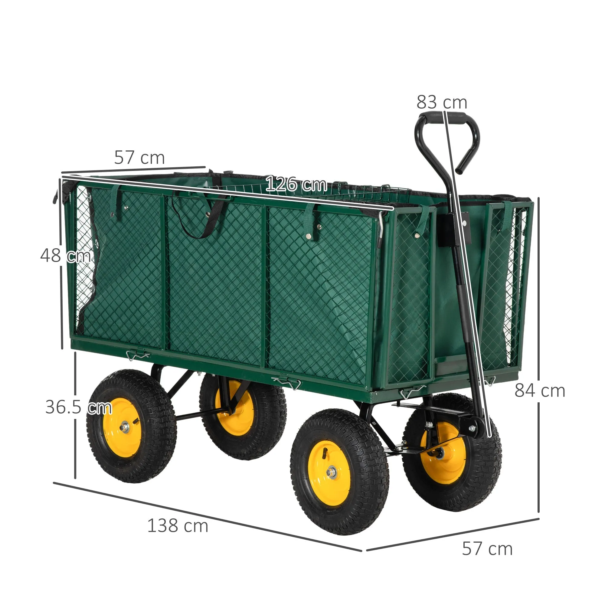 Steel Garden Cart with Folding Side Walls and 4 Wheels, Capacity 342L, Green - Image 3