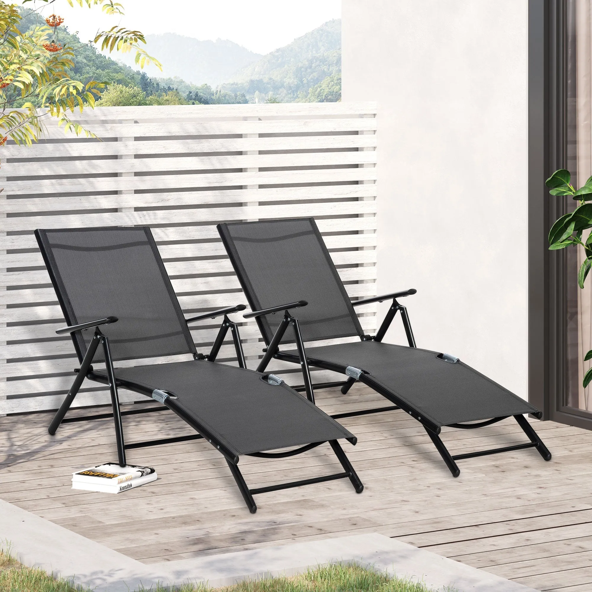 Oustunny set 2 folding garden deckchair with adjustable backrest, 64x134x95cm, black - Image 2