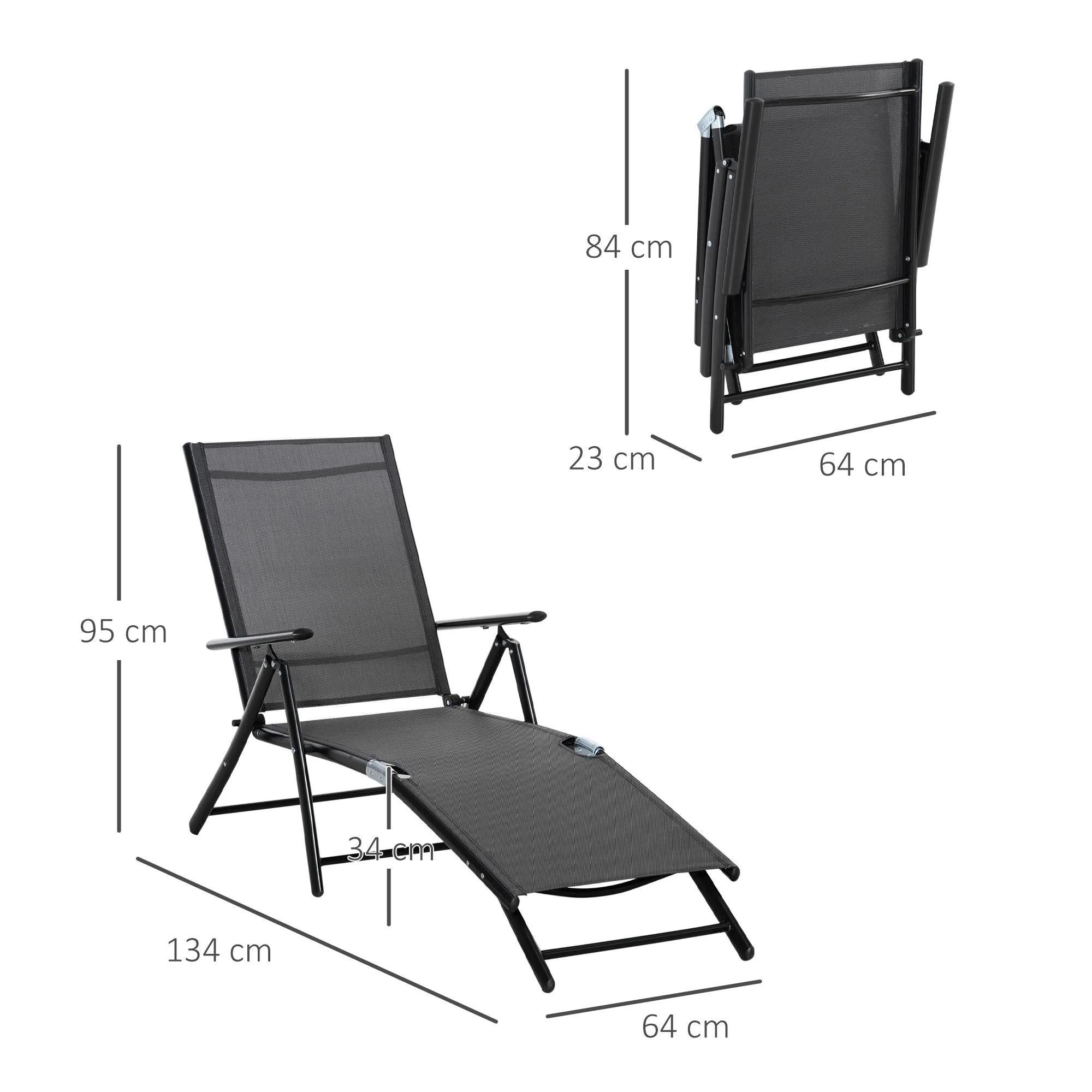 Oustunny set 2 folding garden deckchair with adjustable backrest, 64x134x95cm, black - Image 3