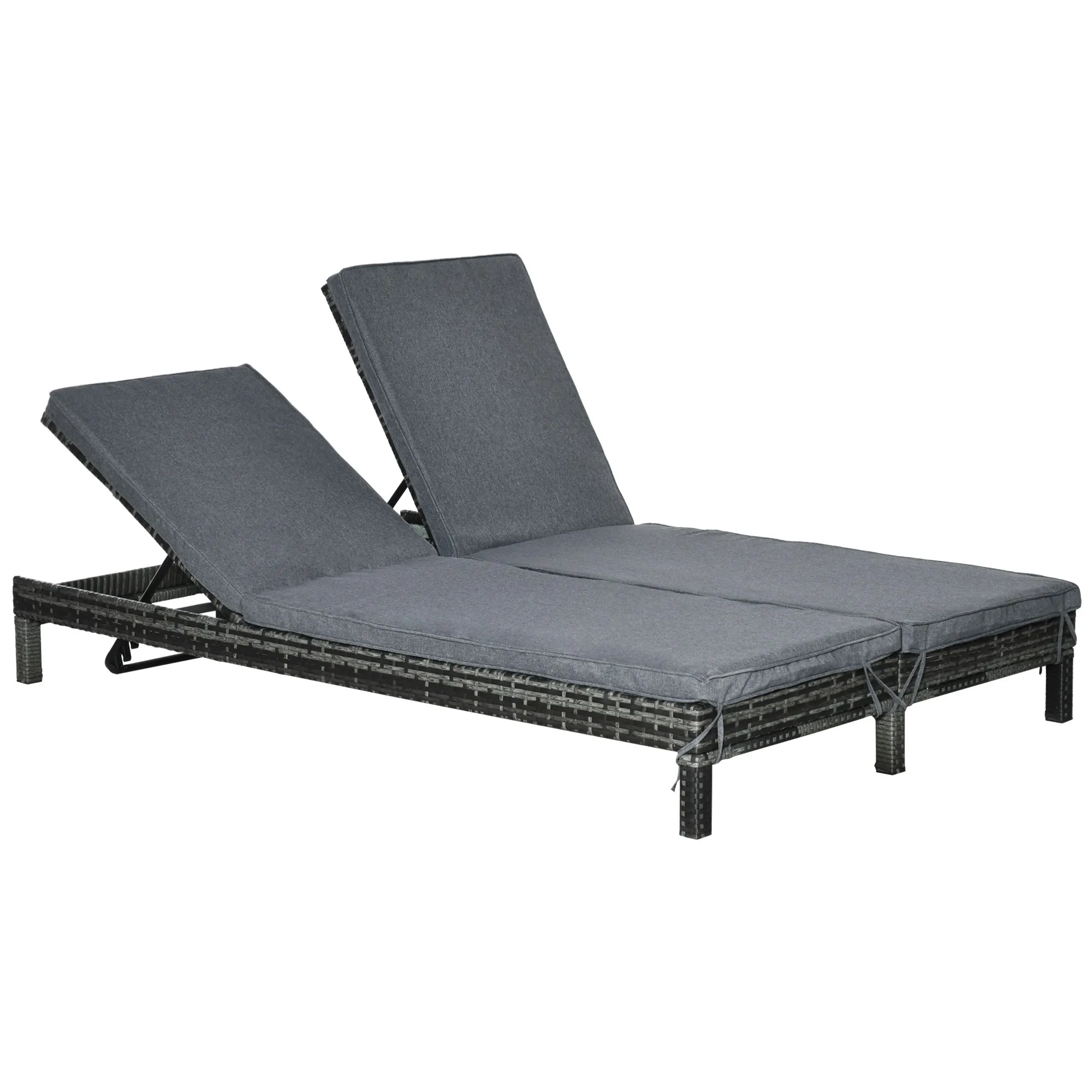 Double Seater Sun Lounger, Steel and Rattan Deckchair, Adjustable Backrest, 196 x 120 x 28cm Grey