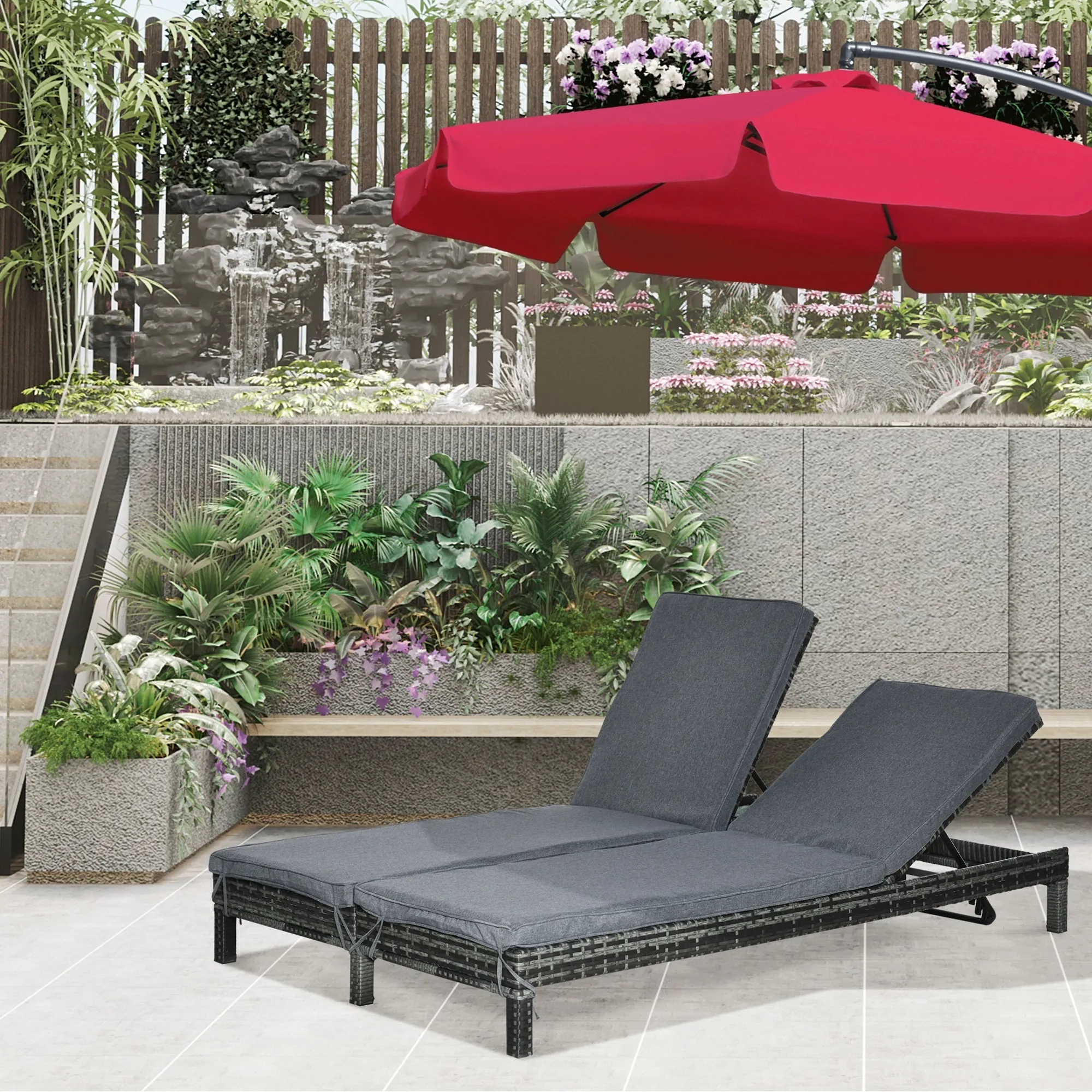Double Seater Sun Lounger, Steel and Rattan Deckchair, Adjustable Backrest, 196 x 120 x 28cm Grey - Image 2