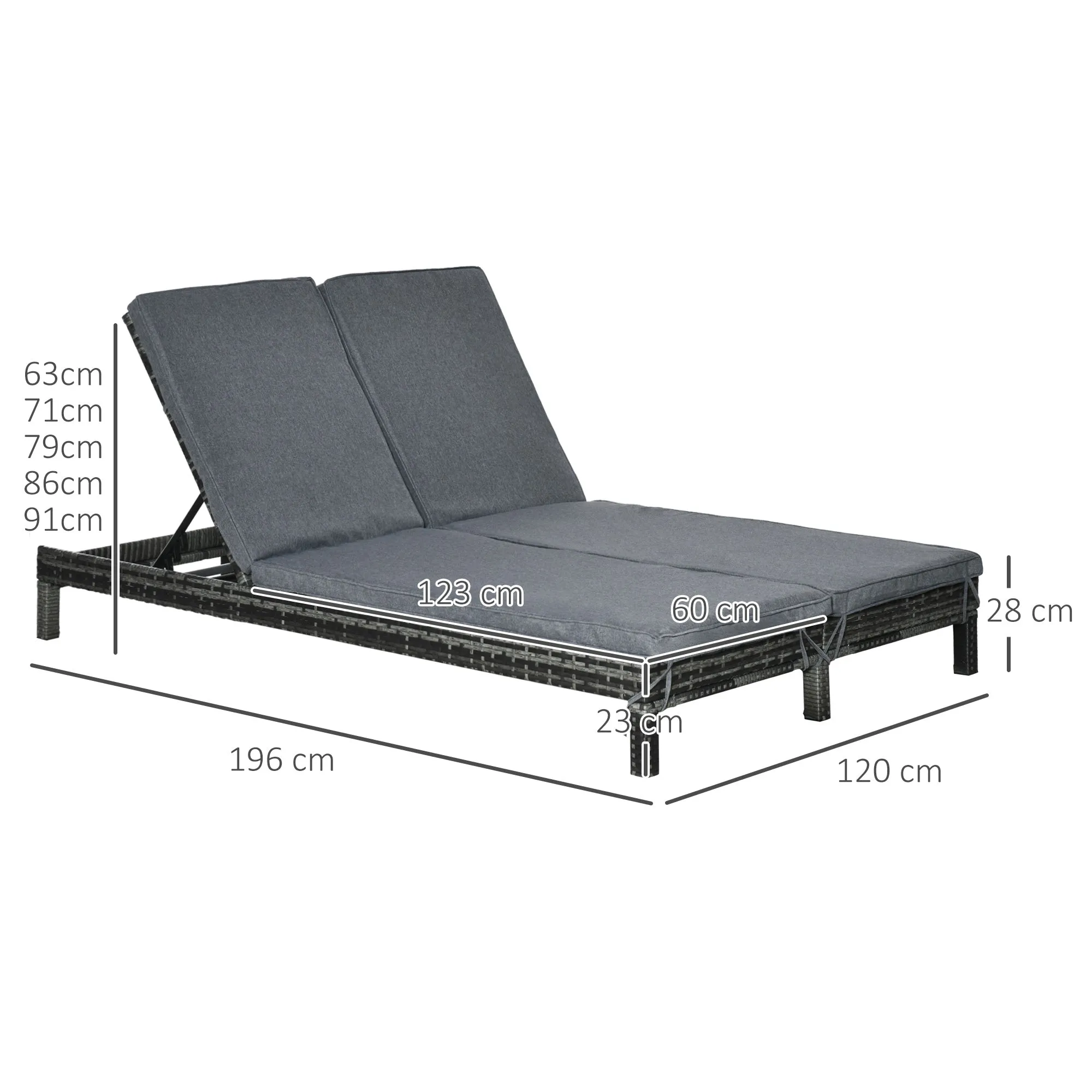 Double Seater Sun Lounger, Steel and Rattan Deckchair, Adjustable Backrest, 196 x 120 x 28cm Grey - Image 3