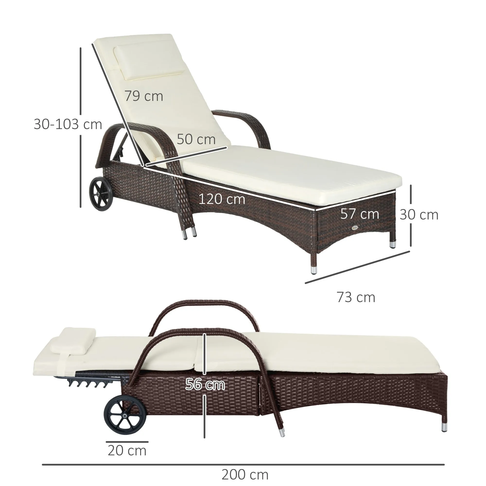 Garden sun bed, deck chair with wheels for beach in rattan adjustable height - Image 3