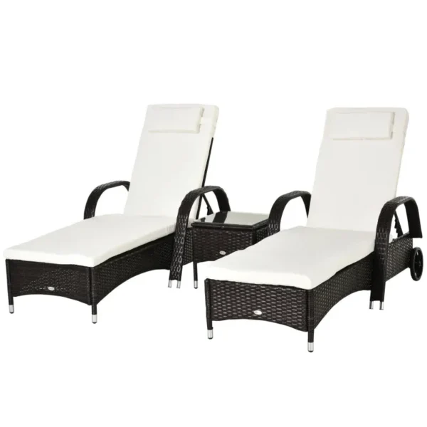 Double set in rattan 2 reclining deck chairs padded with wheels and table, brown