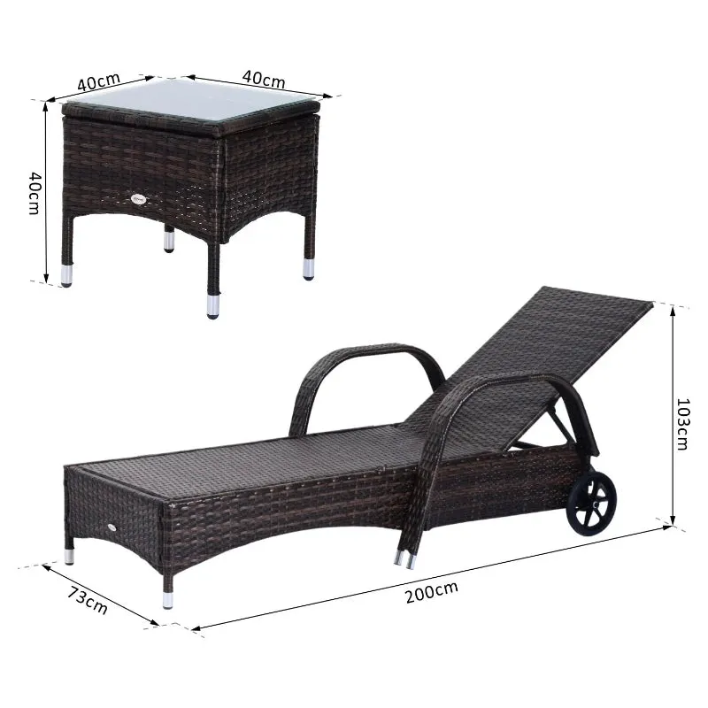 Double set in rattan 2 reclining deck chairs padded with wheels and table, brown - Image 2