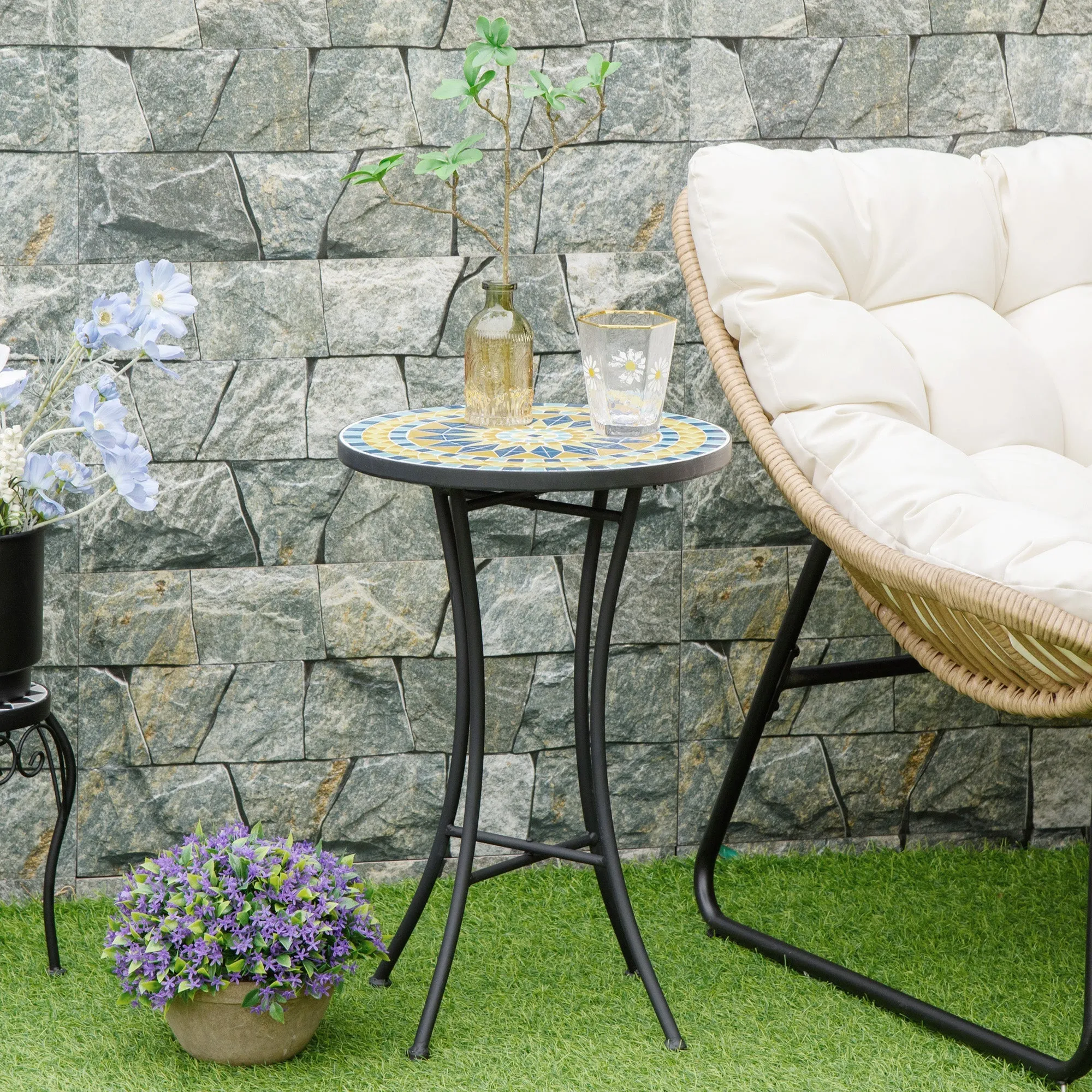 Metal Garden Coffee Table with Mosaic Top, Ф35.5x53.5cm - Image 2