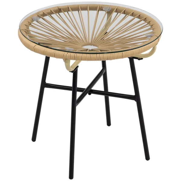 Round Garden Coffee Table Boho Style PE Rattan and Glass, Ø50x50cm, Beige