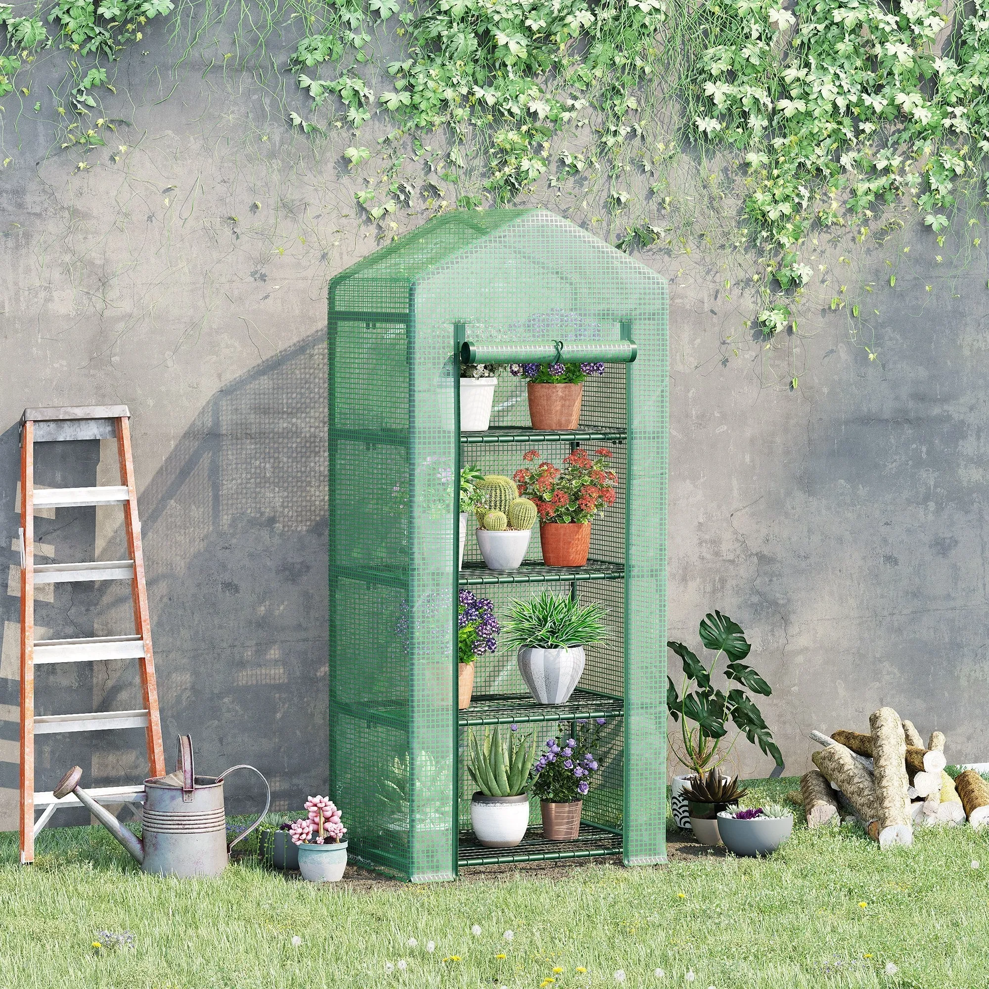 Vertical Plant Greenhouse with 4-Tier Steel and PE Shelf Dark Green, 70x50x160cm - Image 2