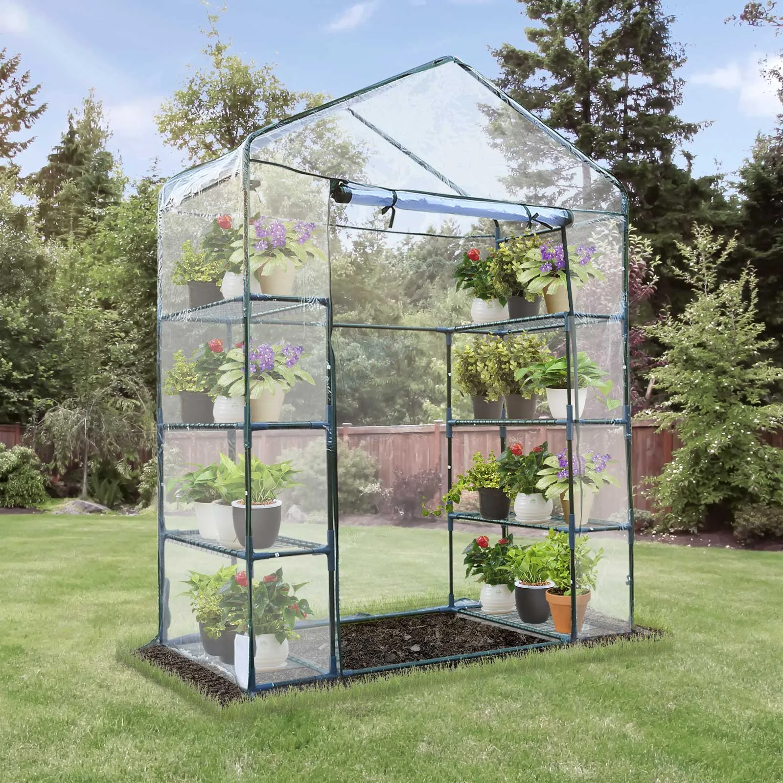 Steel and Transparent PVC Garden Greenhouse with Roll-Up Door, 143x73x195 cm, Green - Image 3