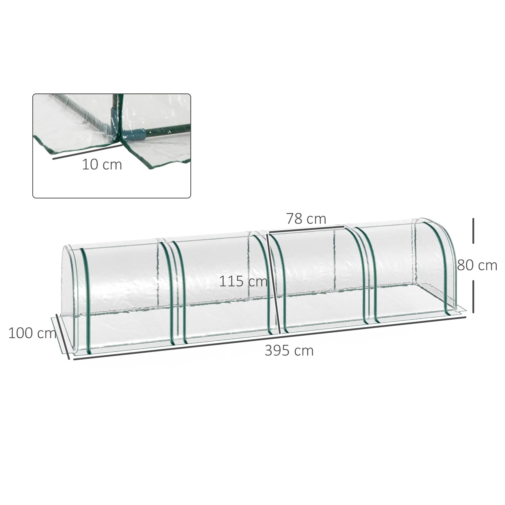 Waterproof and Anti-UV Steel and PVC Tunnel Greenhouse with 4 Hinged Doors, 395x100x80 cm - Image 3