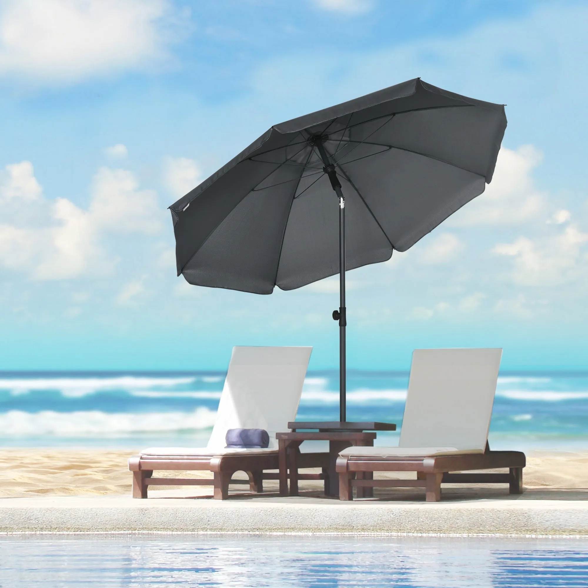 Beach Umbrella 1.8x2 m, in Polyester and Steel with 8 Ribs and 45° Reclining, Grey - Image 2