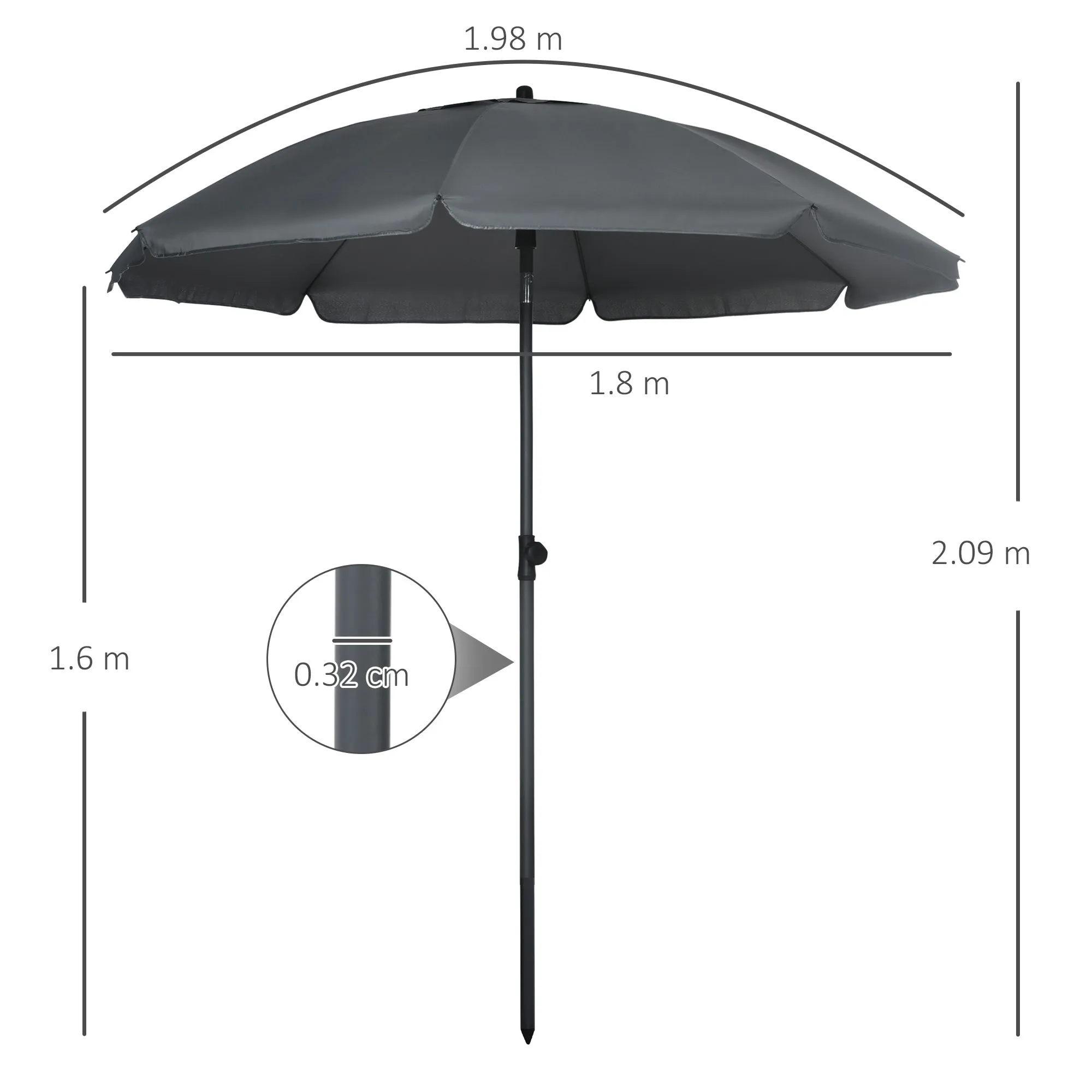 Beach Umbrella 1.8x2 m, in Polyester and Steel with 8 Ribs and 45° Reclining, Grey - Image 3