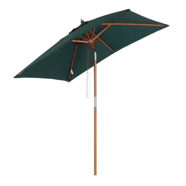 Tilting Garden Umbrella 2x1.5m with 6 Ribs, Wooden Pole and Rope Opening, Green