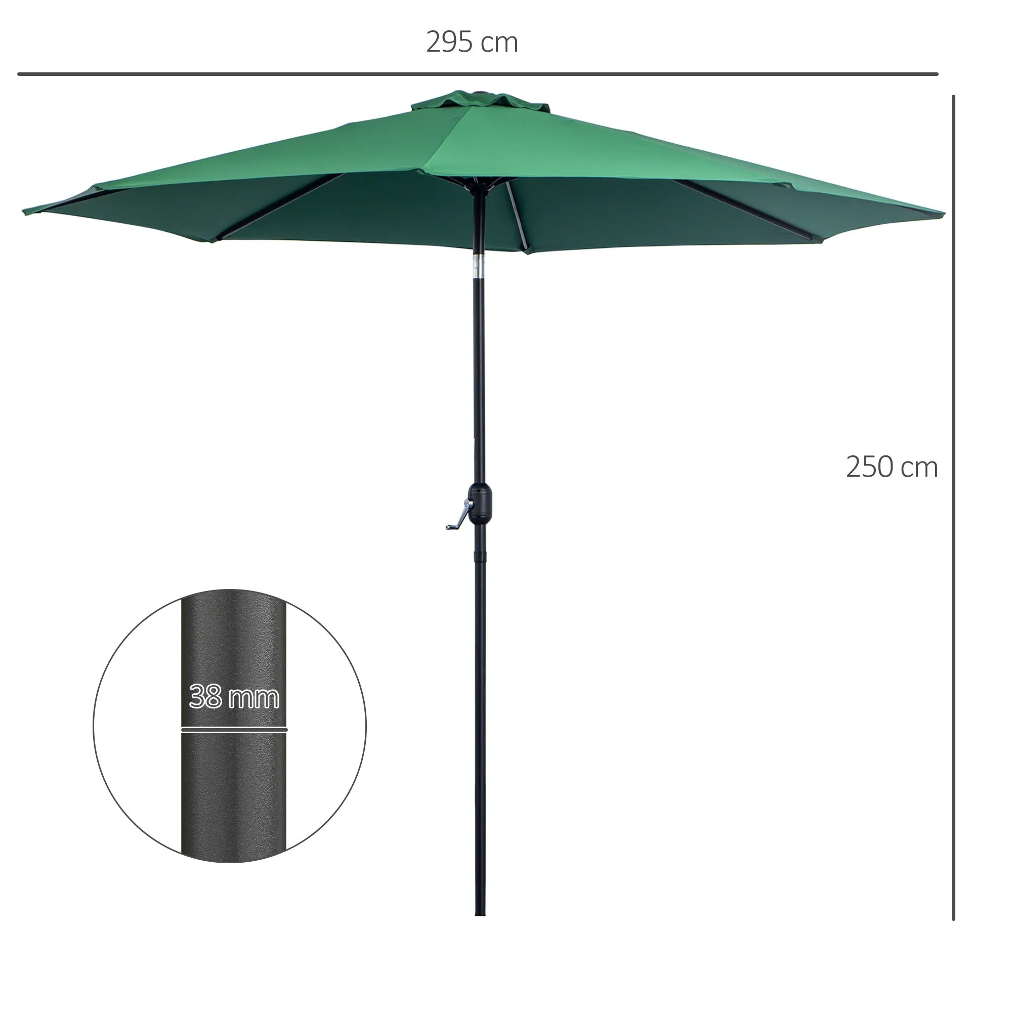 3x2.5 m Tilting Garden Umbrella with Crank Handle, Metal and Green Polyester - Image 3