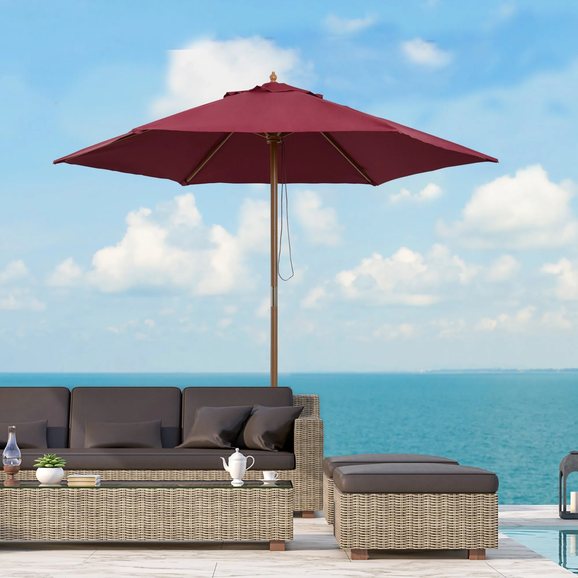 Round Garden Umbrella, Wood and Polyester with Rope Opening, 2.5x2.3 m, Bordeaux - Image 2