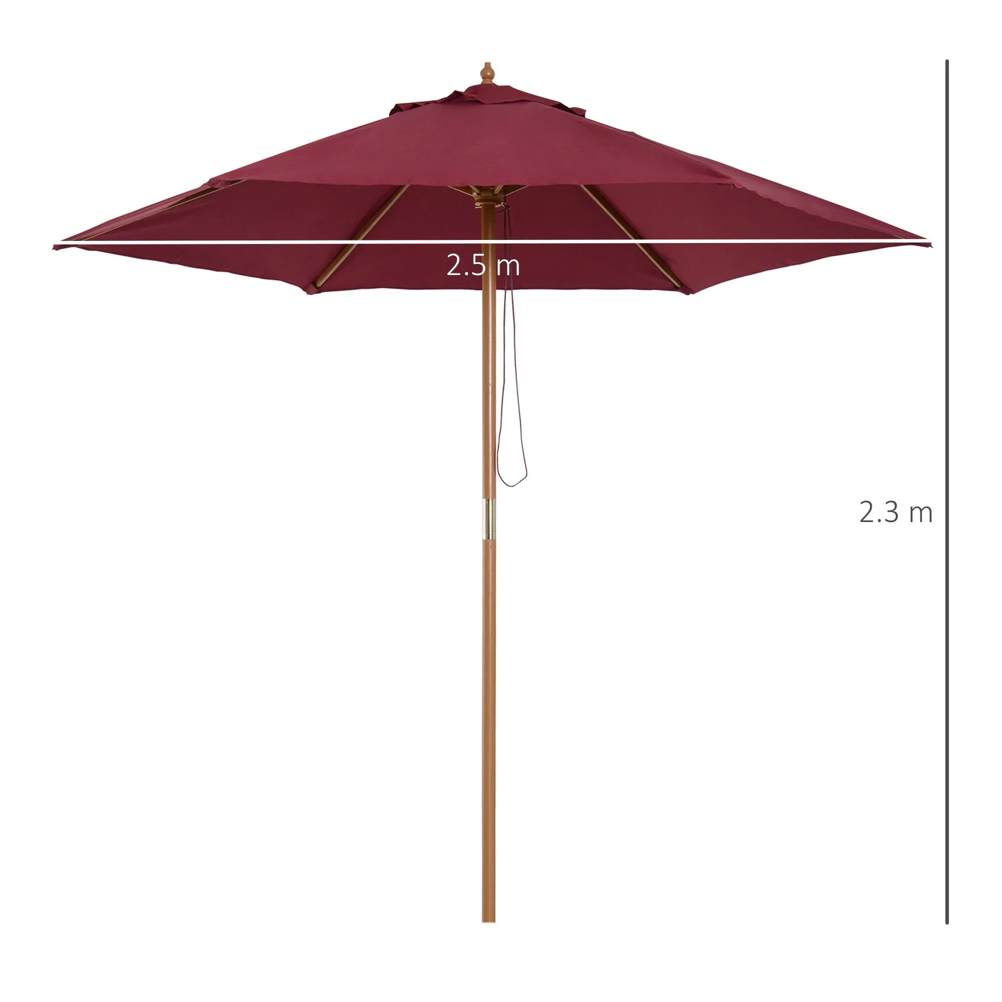 Round Garden Umbrella, Wood and Polyester with Rope Opening, 2.5x2.3 m, Bordeaux - Image 3