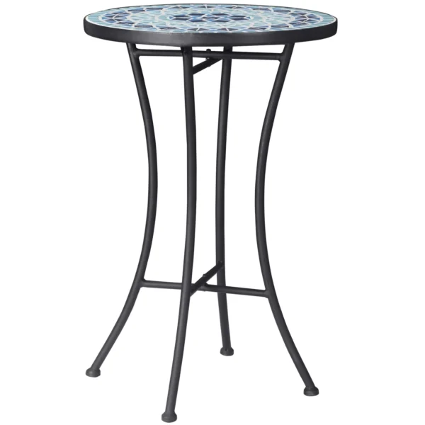 Round Metal Garden Coffee Table with Ceramic Top, Mosaic Design, Ф35.5x53.5cm, Blue