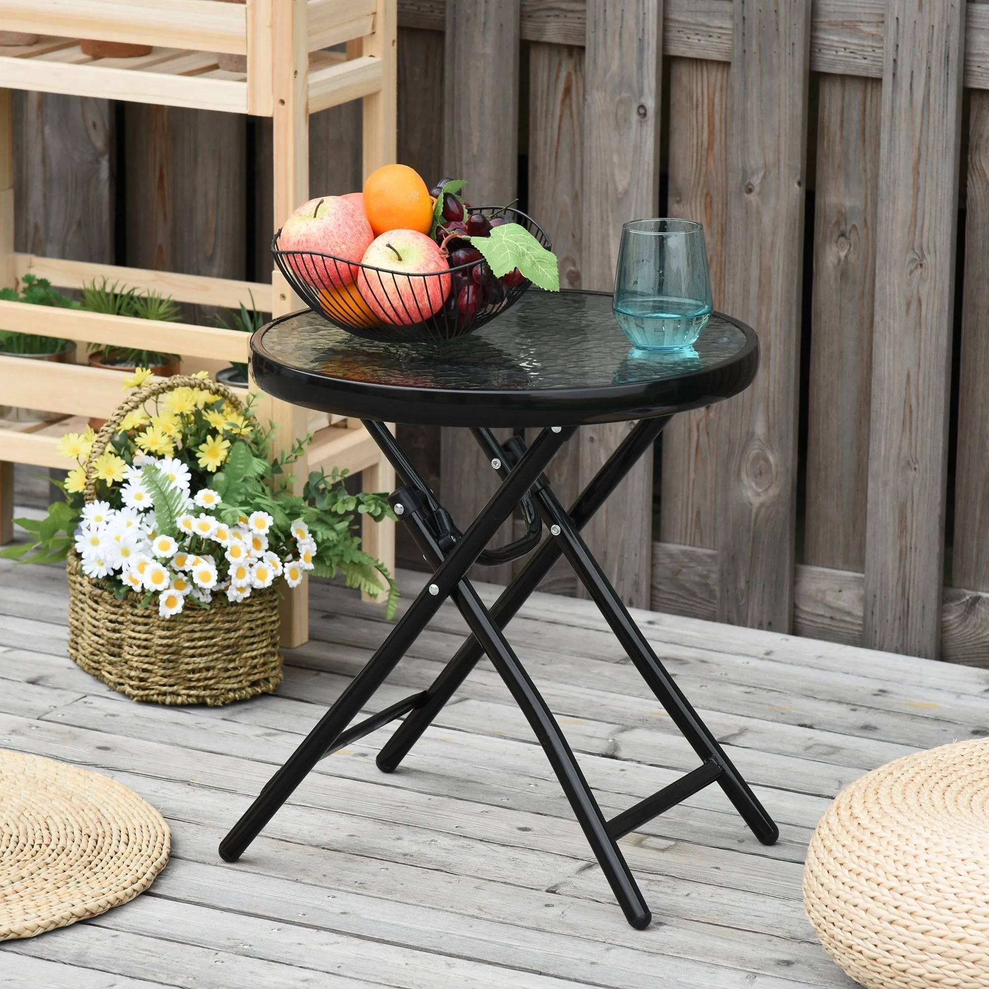Folding Metal Garden Table, Small Garden Table with Glass Top and Safety Lock, Φ45x50cm Black - Image 2