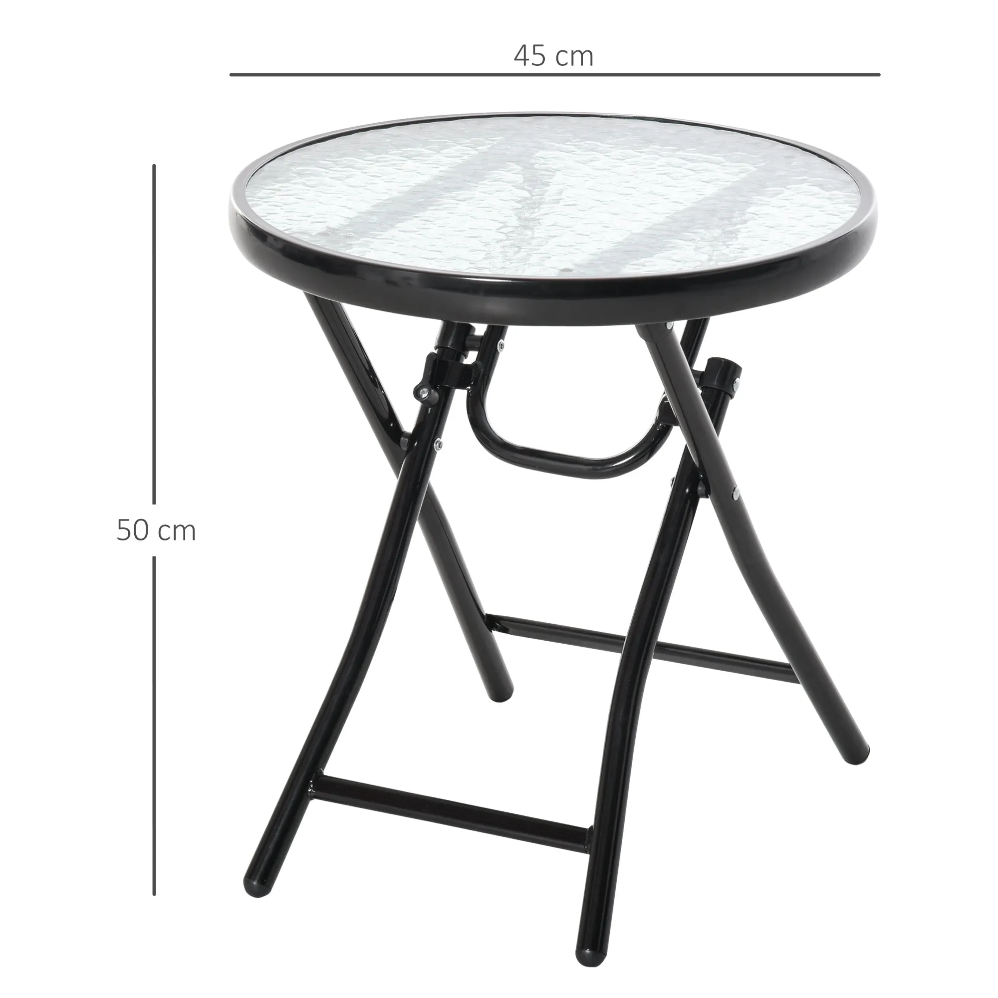 Folding Metal Garden Table, Small Garden Table with Glass Top and Safety Lock, Φ45x50cm Black - Image 3