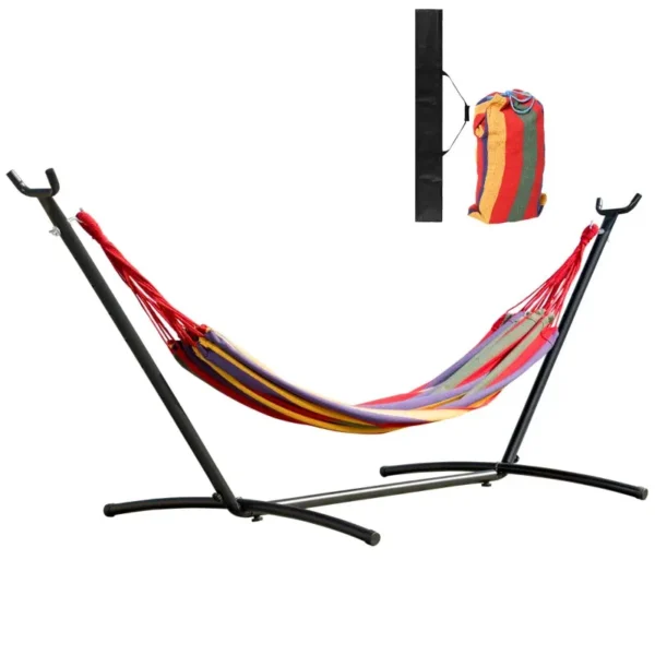 Freestanding Garden Hammock with Steel Frame and Multicolored Cotton, Carrying Case Included