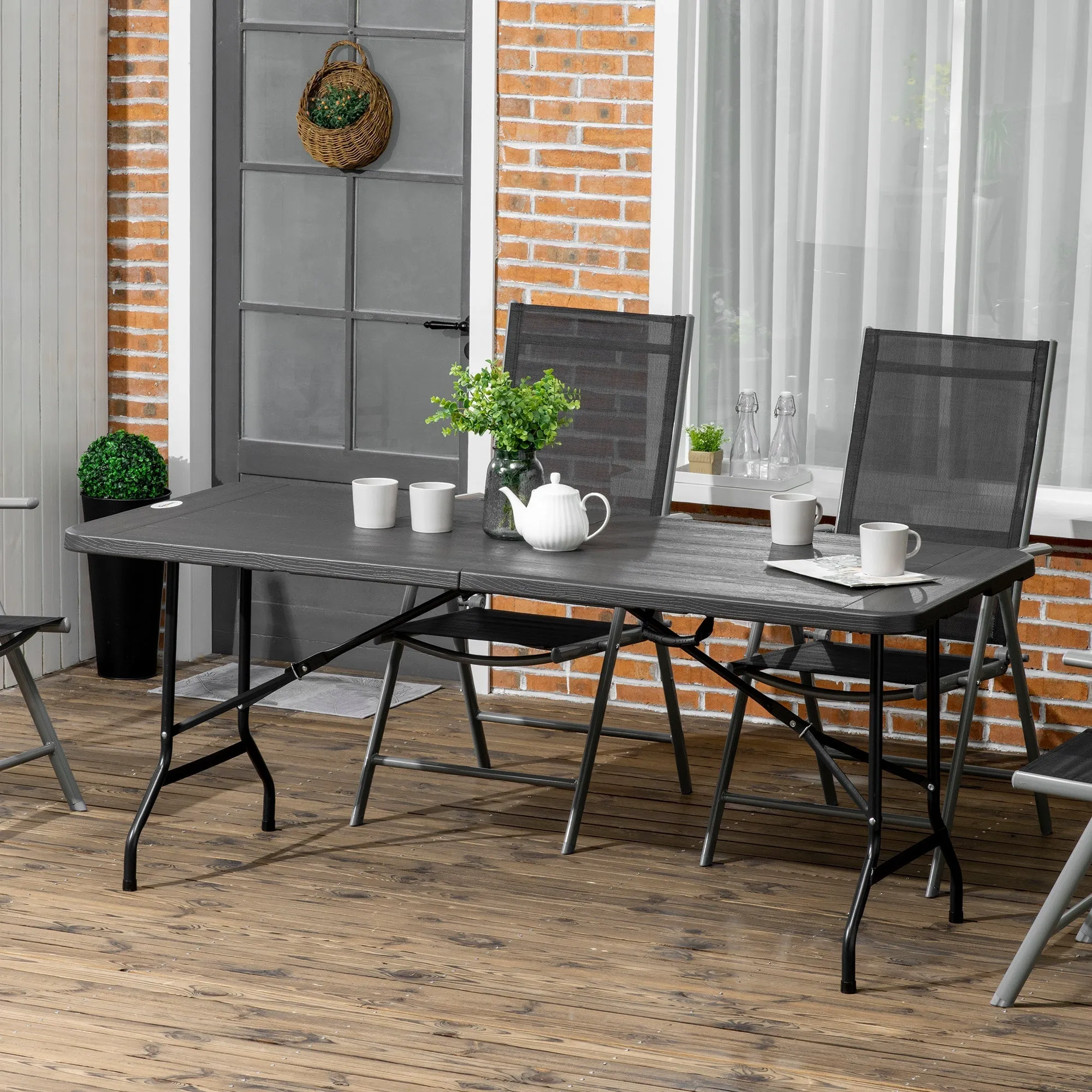 Folding Garden Table for 6 People in Steel and HDPE, 180x75.5x73cm, Dark Grey - Image 2