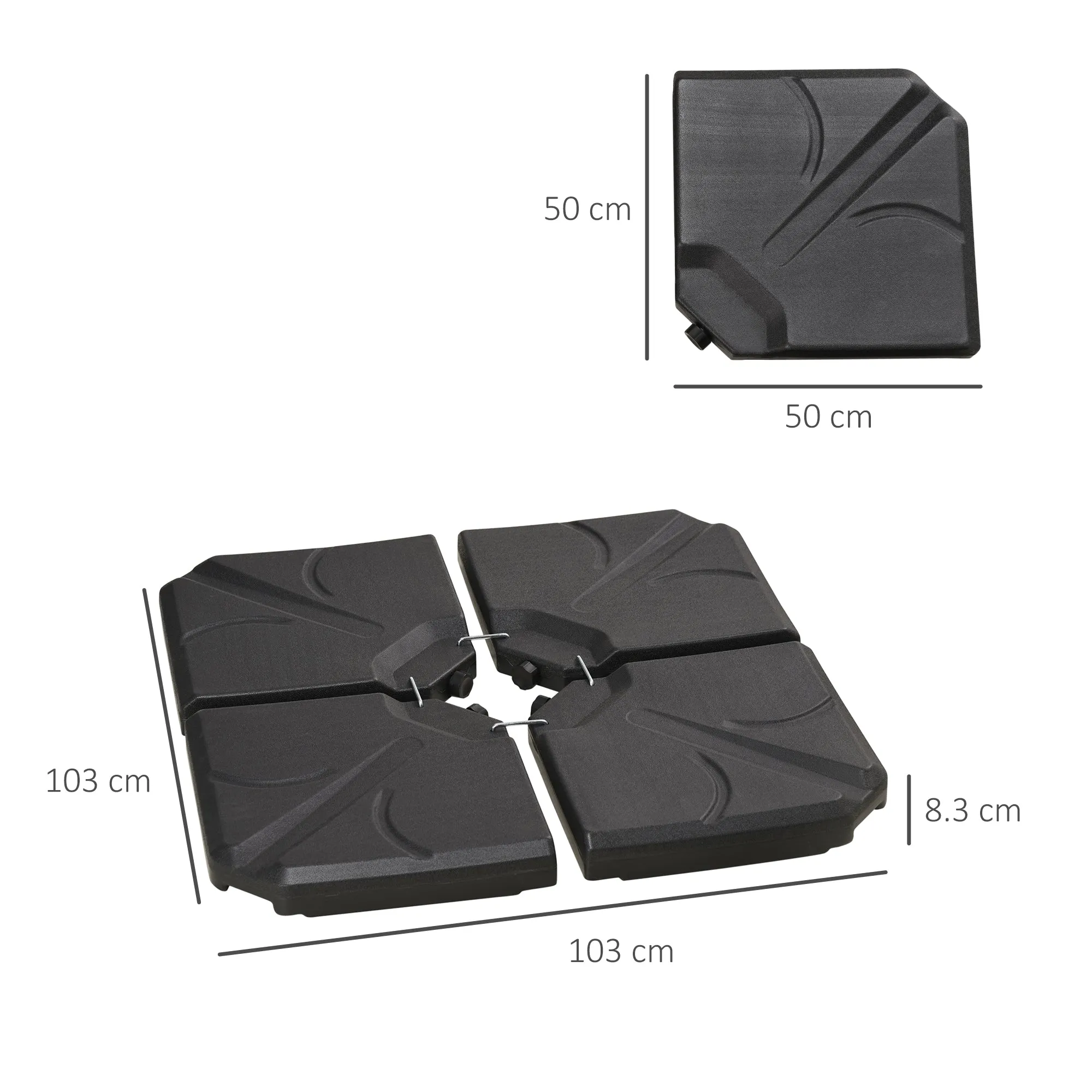 4-Piece HDPE Umbrella Base, Fillable with Water and Sand max 18kg, 103x103x8.3 cm, Black - Image 3
