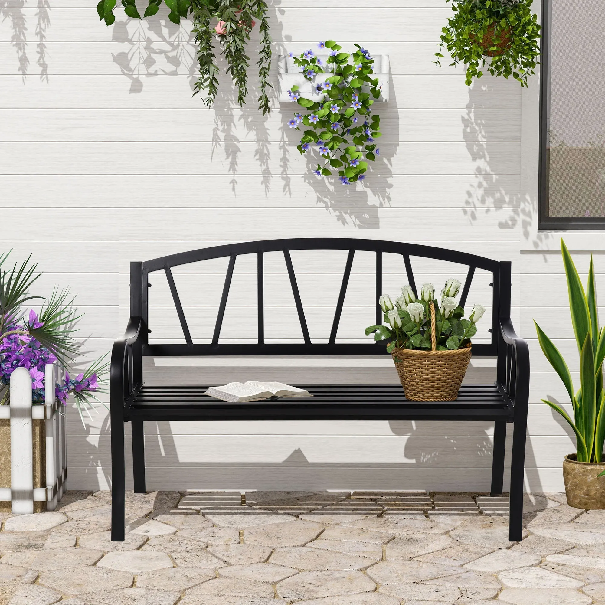 Waterproof Black Metal Garden Bench, 2-Seater Iron Outdoor Bench, 128x56x86cm - Image 2