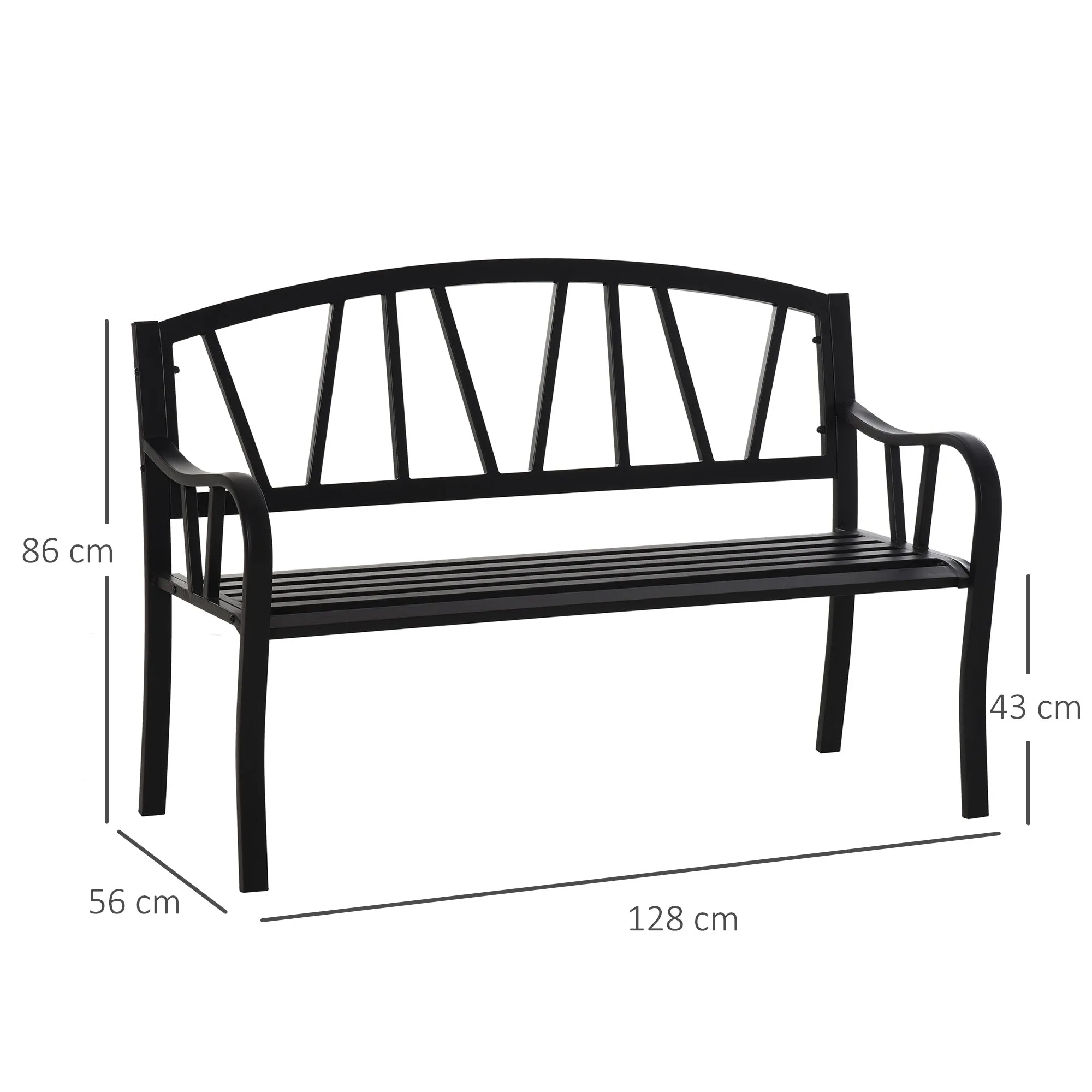 Waterproof Black Metal Garden Bench, 2-Seater Iron Outdoor Bench, 128x56x86cm - Image 3