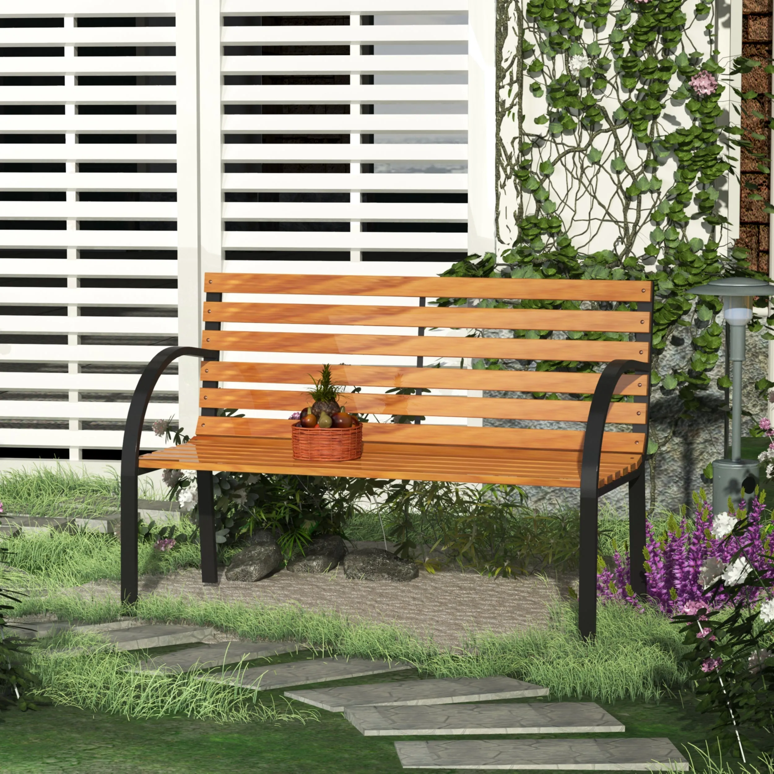 2-Seater Wooden Bench, Outdoor Bench, Garden, Balcony or Terrace 122x60x83cm, Black and Wood Color - Image 2