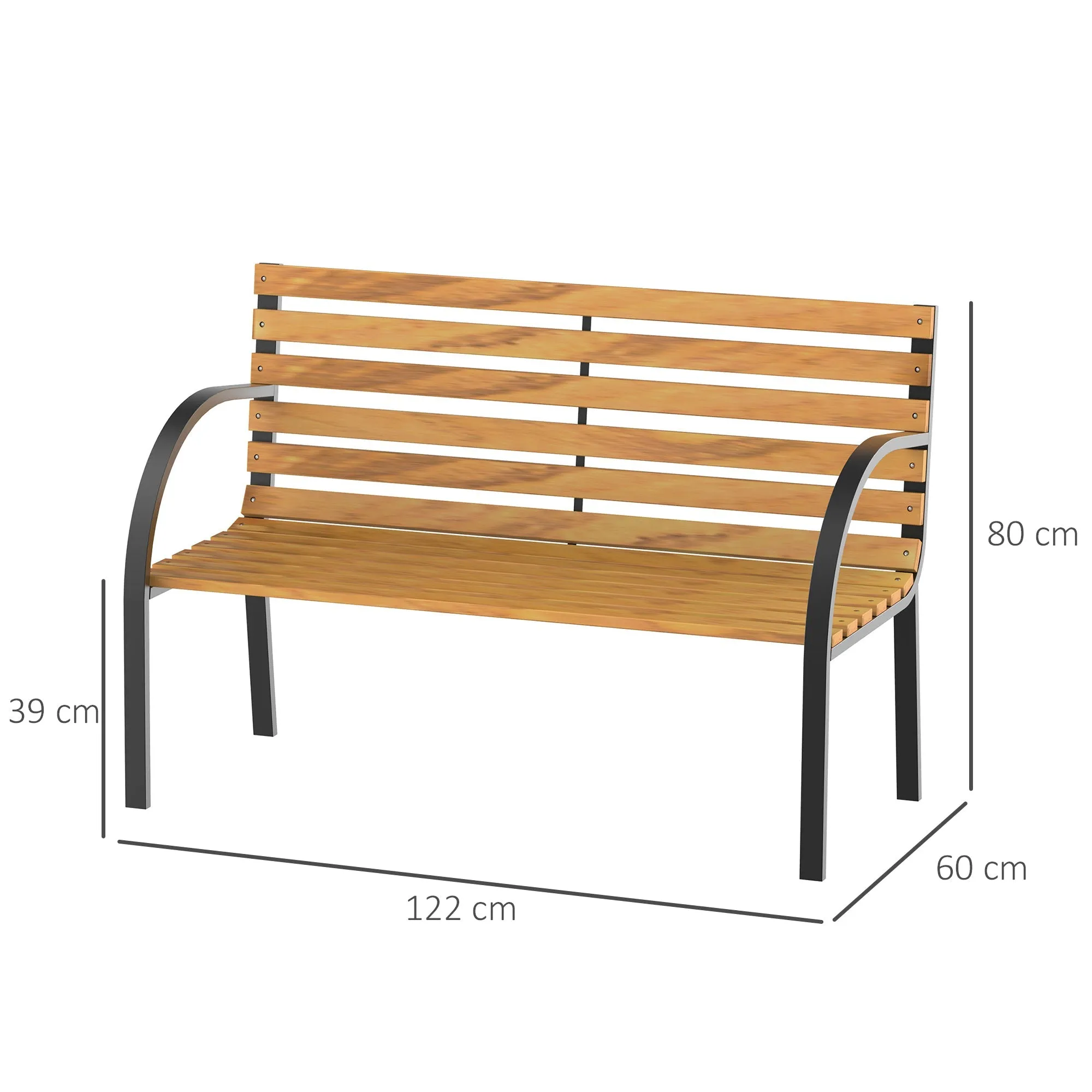 2-Seater Wooden Bench, Outdoor Bench, Garden, Balcony or Terrace 122x60x83cm, Black and Wood Color - Image 3