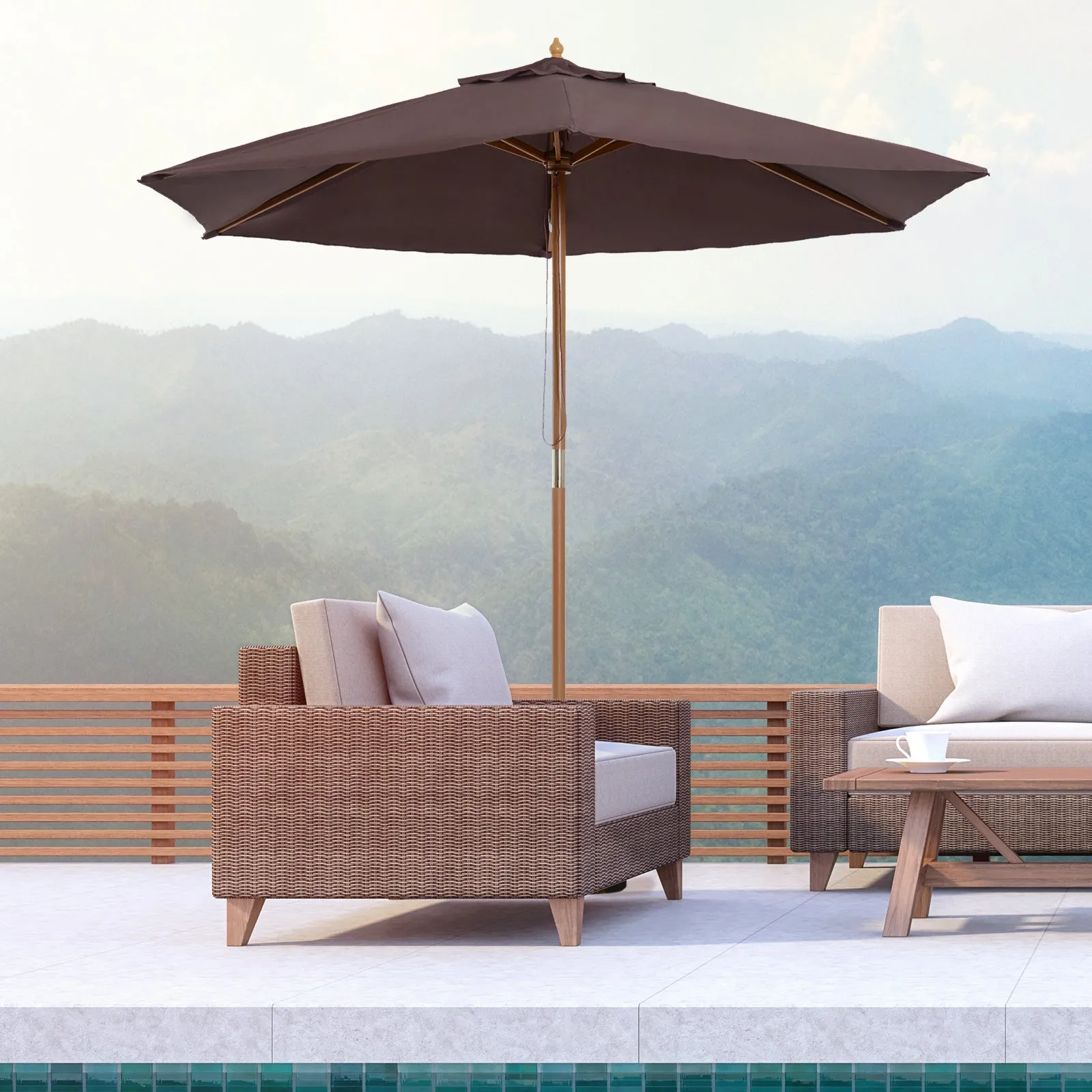 Garden Umbrella 2.5x2.3 m with 6 Ribs and Crank Handle, Made of Wood and Polyester, Brown - Image 2