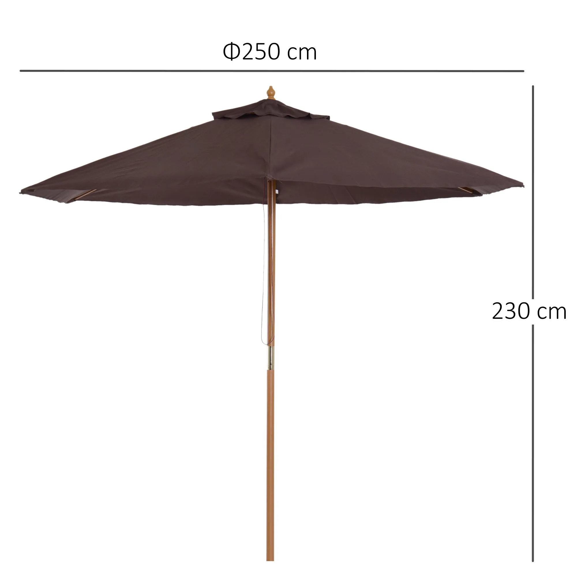 Garden Umbrella 2.5x2.3 m with 6 Ribs and Crank Handle, Made of Wood and Polyester, Brown - Image 3