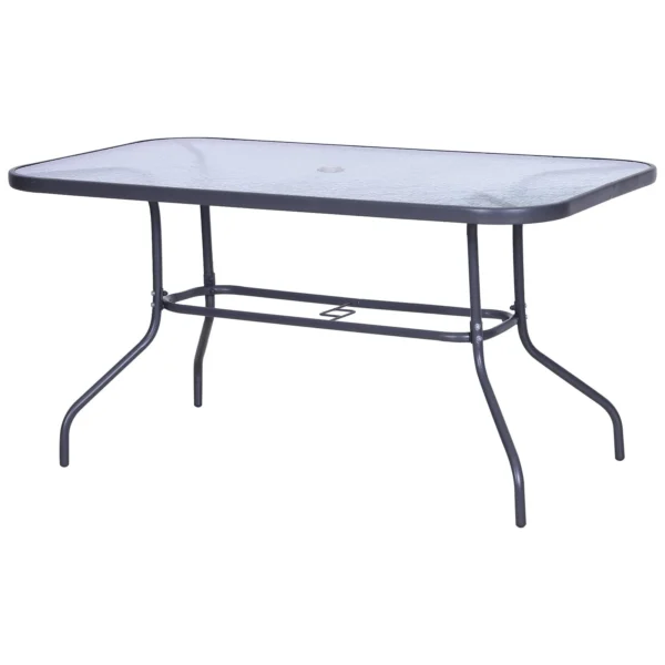 Garden Table with Umbrella Hole, Outdoor Furniture in Metal and Glass 140x80x70cm Grey