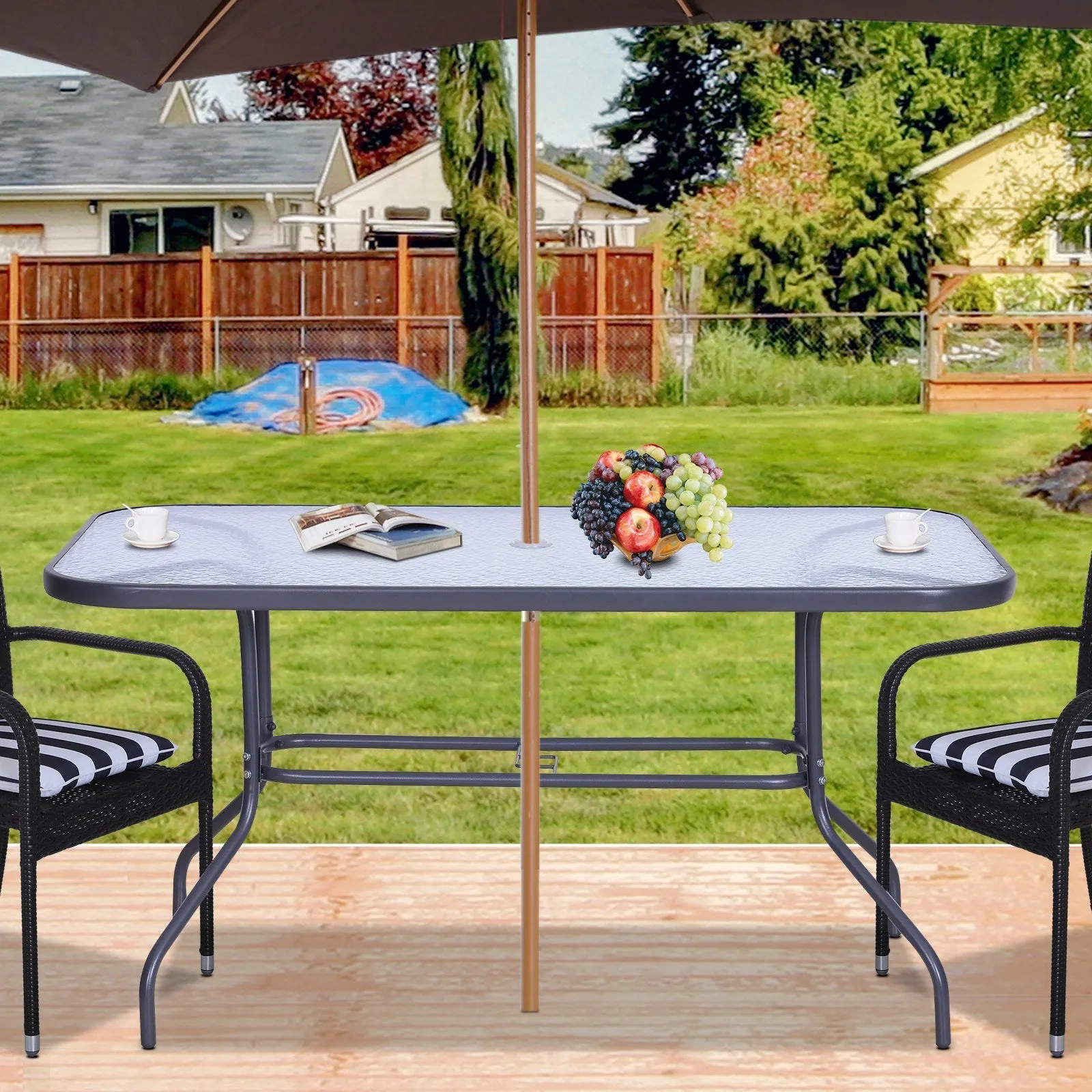 Garden Table with Umbrella Hole, Outdoor Furniture in Metal and Glass 140x80x70cm Grey - Image 2