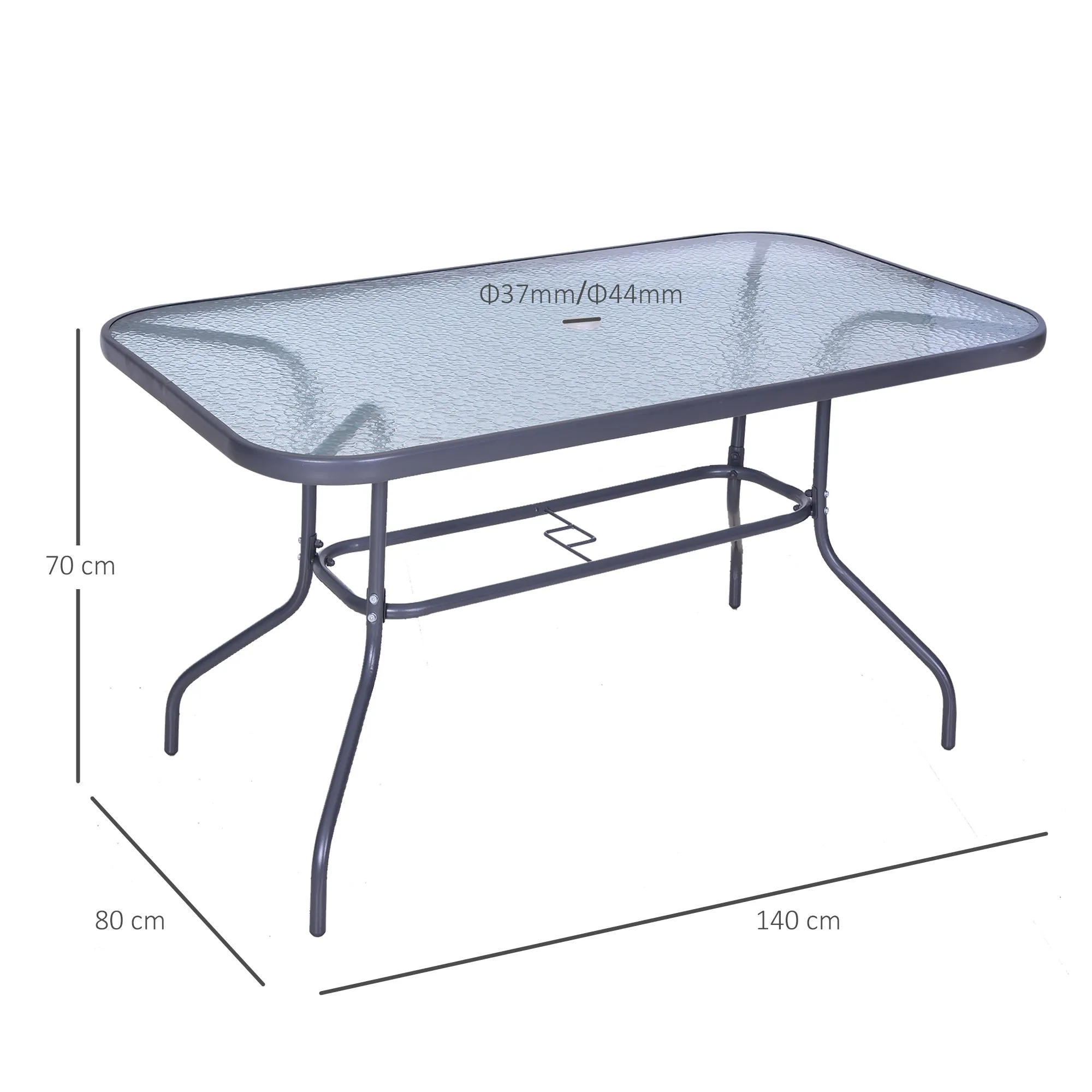 Garden Table with Umbrella Hole, Outdoor Furniture in Metal and Glass 140x80x70cm Grey - Image 3