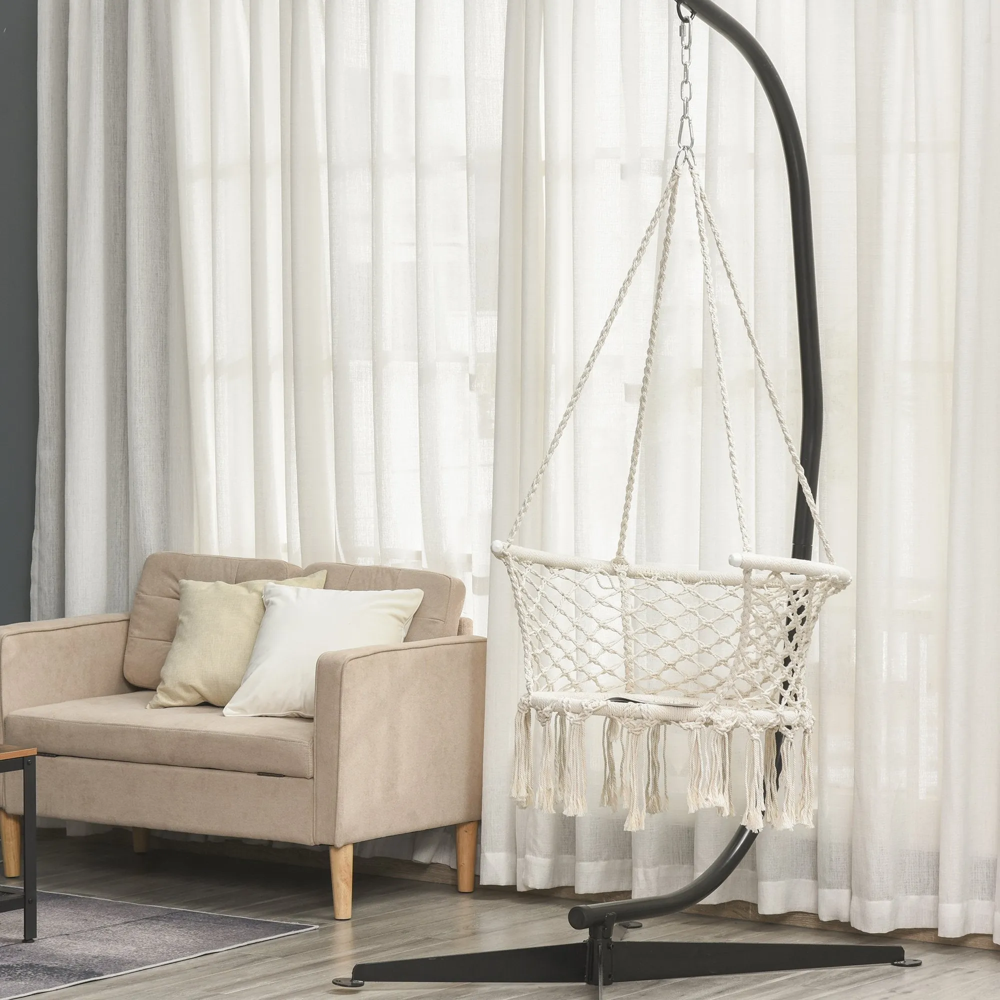 Boho Chic Garden Hammock, Polyester and Macramé Hanging Chair for Indoor and Outdoor Use, Cream, 80x60x36cm - Image 2