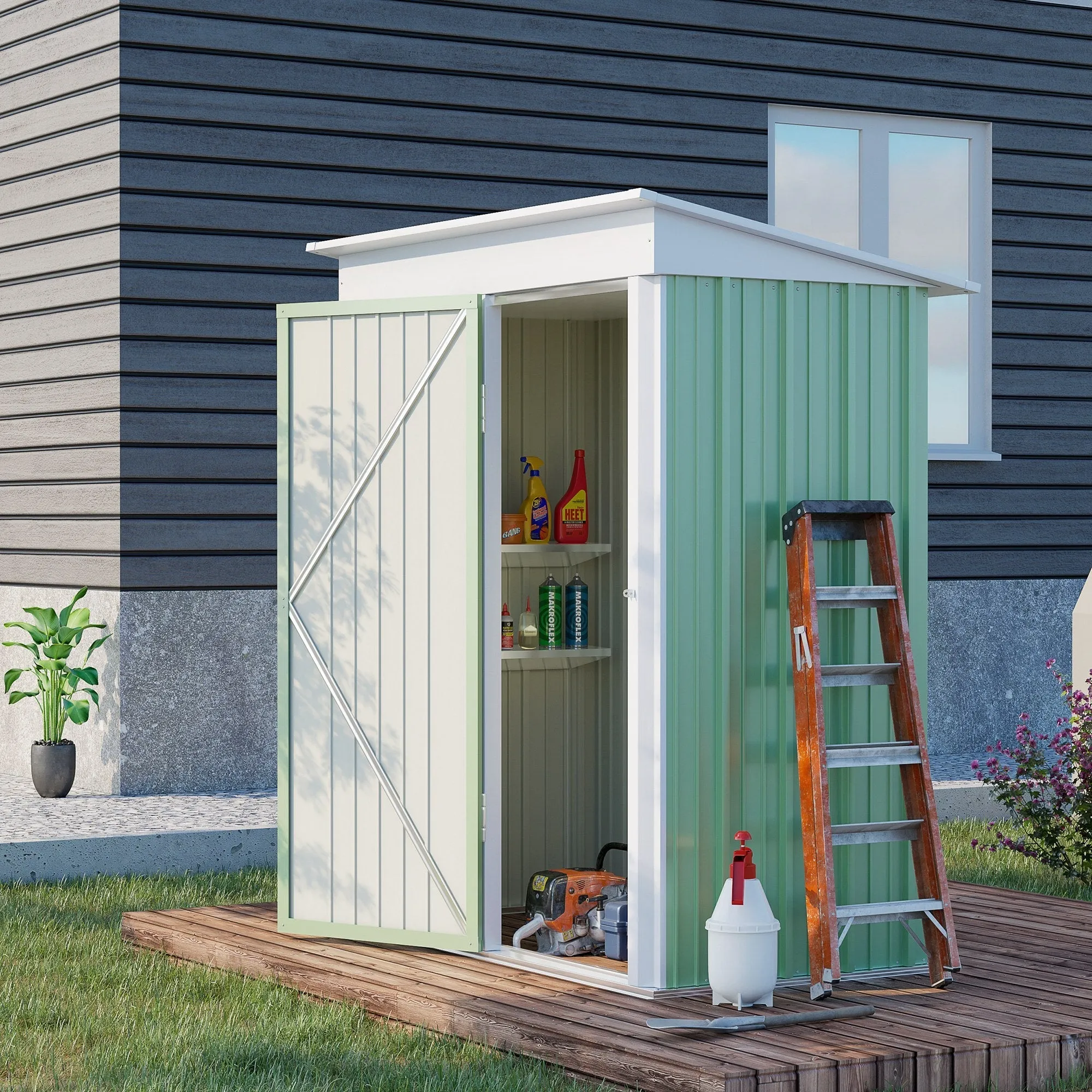 Steel Garden Shed with Lockable Door, 161x95x163/181cm, Green - Image 2