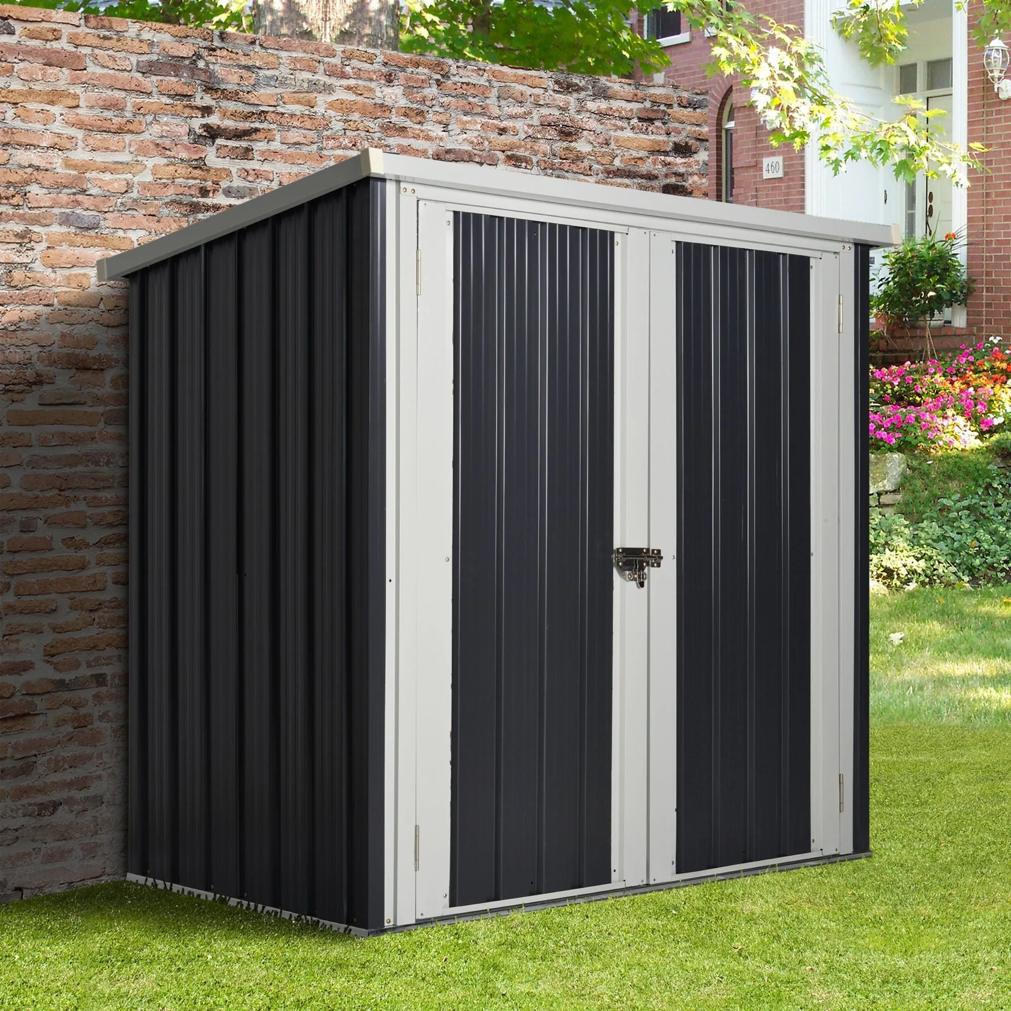 Steel Sheet Garden Shed with Double Door, 147x86x134cm, Black and White - Image 2