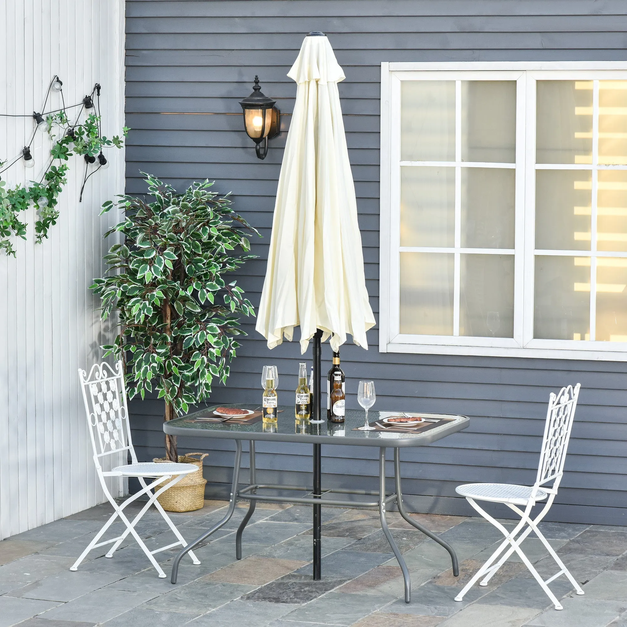 Garden Table with Umbrella Hole, Outdoor Furniture in Metal and Glass 120x80x70cm Grey - Image 2